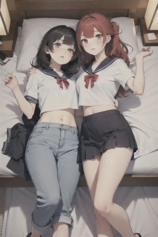 2 girls, Redhead, Updo, Facial hair stripes, Red eyes, mascara,  skirt, Sagging under the eyes、feet,  Impact, 8k, masterpiece,Thighs,color、Sailor suit、uniform、skirtを捲り上げる、(skirtめくり:1)、pants、erotic、sexy、Thighs、Lesbian、Are sleeping、裸feet、Health Room、bed