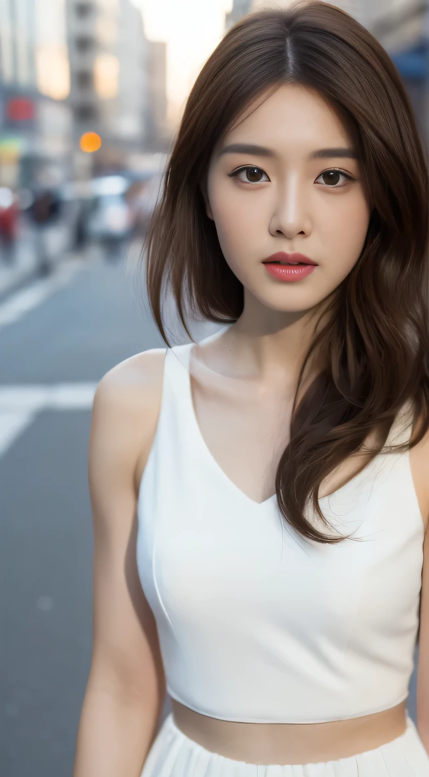 ((Realistic lighting, highest quality, 8k, masterpiece: 1.3)), concentrated: 1.2, One girl, Perfect figure: 1.4, Slim Abs: 1.1, ((Dark brown hair)), (White Dress: 1.4), (Outdoor, night: 1.1), street, Super Fine Face, Fine Eyes, double eyelid,