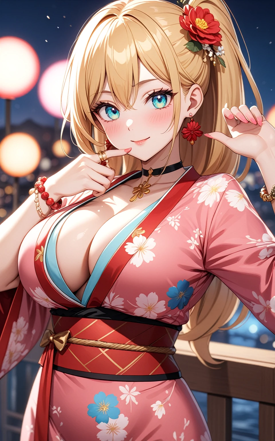 ((one personの女性)), Beautiful Face,Laughing embarrassedly,(a woman making a victory pose),((Red cheeks:1.3)),Light comes from an angle,Glossy pink lips,night,rooftop,Festive decorations,You can see the ocean, firework,((Anime style background)),masterpiece, highest quality, so beautiful, Latest, Complex details, (Pink long nails),(ring),(flower bracelet),Floral choker,AI-generated, Complex,High resolution, highest quality, super high quality,3D Images、View your viewers、3D Images,one person,Long Blonde Hair,High Ponytail,Turquoise Eyes,Anime woman posing for a photo, (Fine grain,Colorful eyes,Shining Eyes:1.4),(Squint your eyes:1.1),a hyperRealistic , hyperRealistic , Realistic,Blonde anime woman with long hair, Smooth anime CG art, A woman in a colorful kimono with gold embroidery, (Pink kimono),Red floral pattern,Long flower hair ornament,Large floral earrings,(ring),(Big Breasts:1.1),Mature Body,Tall,Big Ass,Fine details,Tight waist,Abdominal muscles,(Face close up:1.6),(Tilt your face), Shooting from an angle,