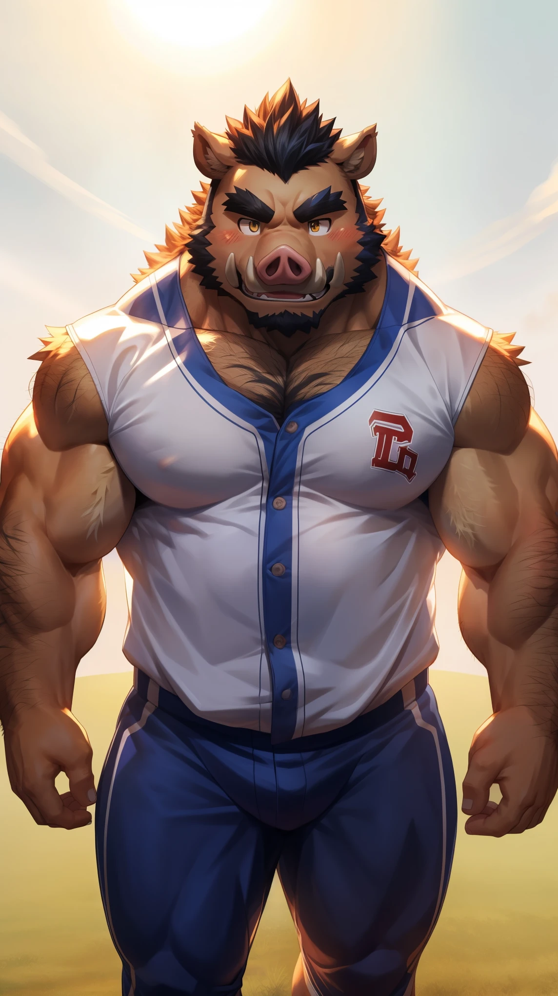 Solitary, anthropology, hairy, male, Wild Boar, ((fluffy fur, hairy body)), (Wild Boar印), (Thick eyebrows), youth, muscular, White skin, White big muscle, Golden pupils, de-tailed teeth, defaced face, Pig nose, Fundos, Softball player, 白色baseball服, Black leggings, 手持baseball棍, run, Small bump, Shy expression, A faint smile, blush, Clear facial features, Strong, majestic, solitary, (Dynamic poses:1.5), Fog atmosphere, early morning, Tyndall rays, lawn, baseball (through empty ghost, From boar22, masterpiece, high quality, high resolution,8k), permanent, Bust, (Vision)