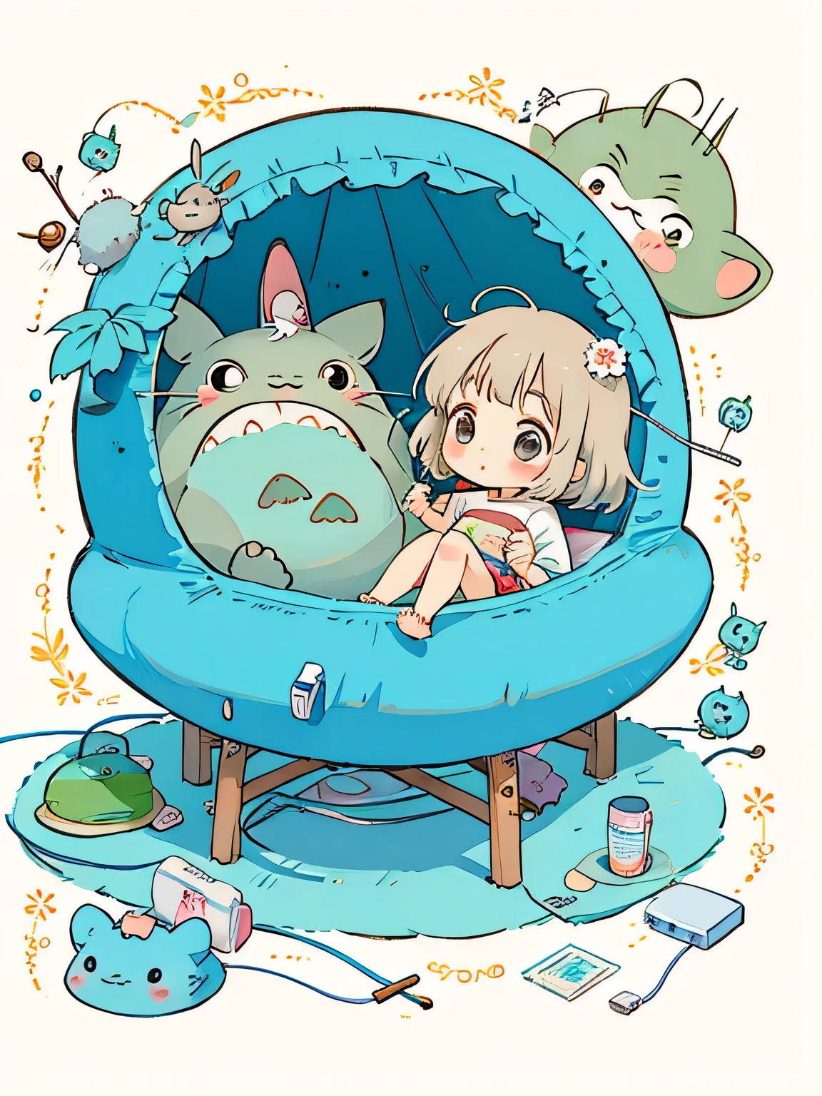 Hayao Miyazaki style, Kawaii Design, most beautiful girl ever、Chibi, playing , TOTORO, hospital bed