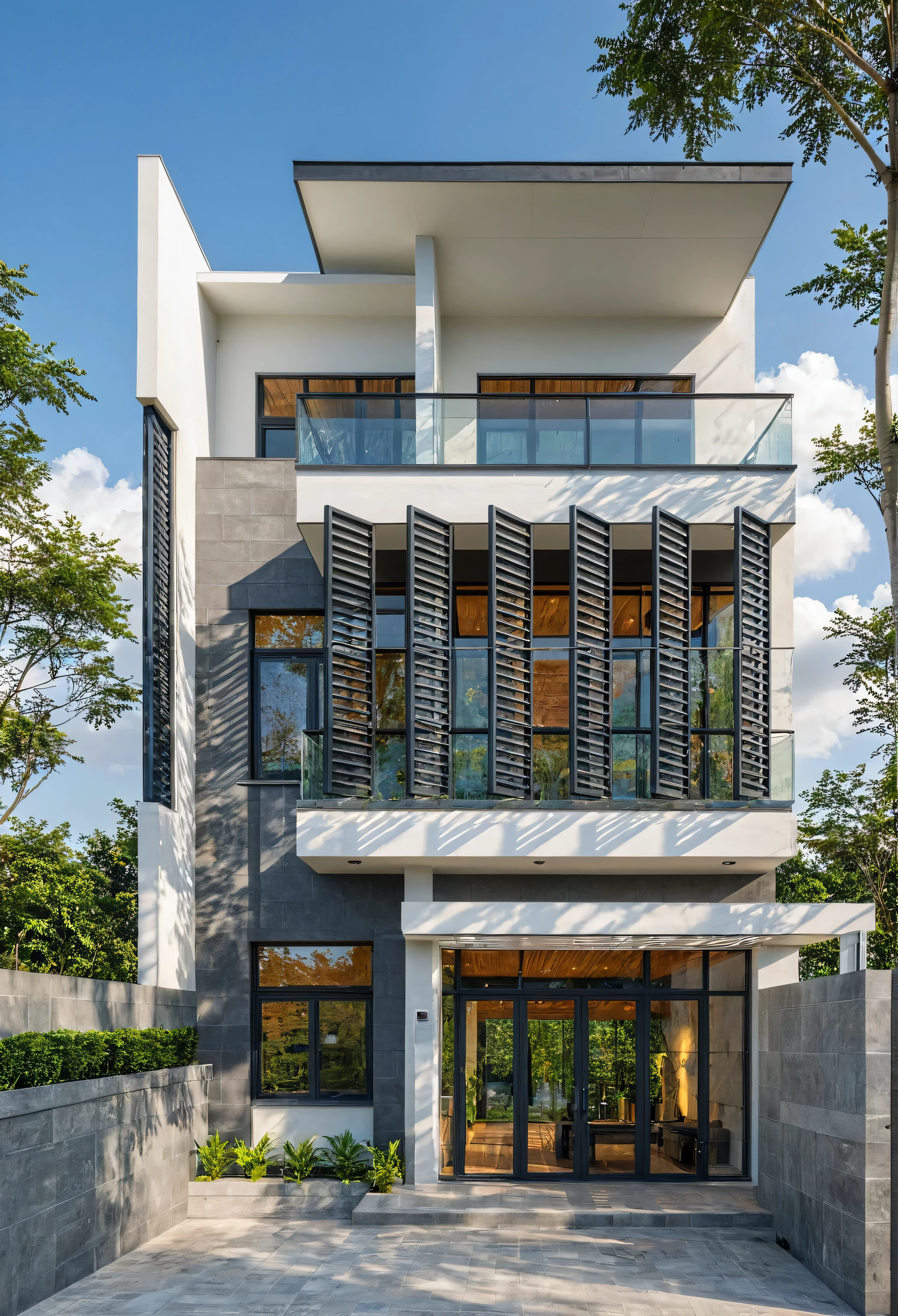 Masterpiece, high quality, best quality, authentic, super detail, outdoors, onestoreyvillaXL, aiaigroup, house style modern on the street ,stairs, white wall ,road,pavement, grass, trees, sky, cloud, (daylight:1.1)