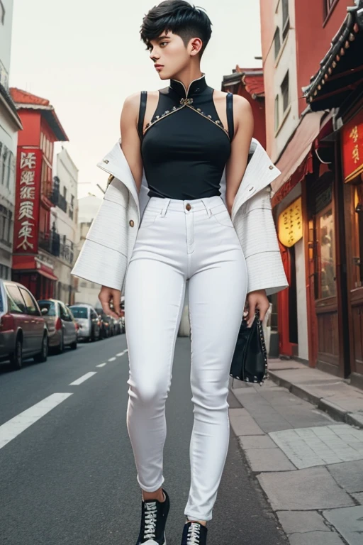 a young man having long legs, thick thighs, large hips, thin and narrow weist, wearing tight white jeans and Chinese dress, very small spikey boyish haircut, man , wide hips, bearded man, man,penis bulge 