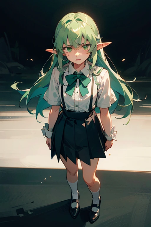 A full body shot of a sad anime elf girl with the same face and short, emerald green hair as the elf from Goblin Slayer, with vivid green eyes filled with sorrow. She has the distinct head shape and long, pointed ears like the elves from Goblin Slayer, adorned with small, intricate silver earrings. She is wearing a  consisting of a fitted white blouse with a large, soft green bow tie at her neck, a pleated skirt that reaches just above her knees, and knee-high white socks paired with black mary jane shoes. The blouse features delicate lace accents along the collar and cuffs, adding a touch of elegance. The green bow tie at her neck is neatly tied, creating a charming focal point. Her expression is melancholic, with a slight downturn of her lips and a faraway look in her eyes. She stands in a dark setting with a black background, drawn in the art style of A-1 Pictures, shot with a Sony A7R IV, 50mm f/1.4 lens, muted anime-style colors make her angry