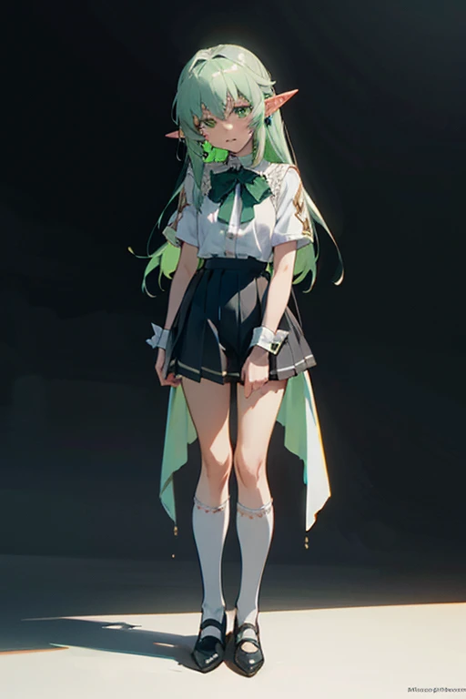 A full body shot of a sad anime elf girl with the same face and short, emerald green hair as the elf from Goblin Slayer, with vivid green eyes filled with sorrow. She has the distinct head shape and long, pointed ears like the elves from Goblin Slayer, adorned with small, intricate silver earrings. She is wearing a consisting of a fitted white blouse with a large, soft green bow tie at her neck, a pleated skirt that reaches just above her knees, and knee-high white socks paired with black mary jane shoes. The blouse features delicate lace accents along the collar and cuffs, adding a touch of elegance. The green bow tie at her neck is neatly tied, creating a charming focal point. Her expression is melancholic, with a slight downturn of her lips and a faraway look in her eyes. She stands in a dark setting with a black background, drawn in the art style of A-1 Pictures, shot with a Sony A7R IV, 50mm f/1.4 lens, muted anime-style colors make her happy