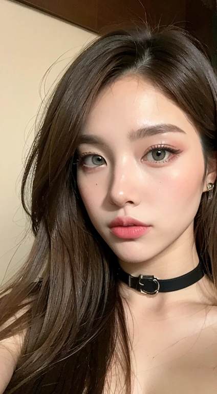 {masterpiece},{highest quality},{One Girl}, cute, wonderful, Beautiful details, **,Bob Hair, Brown Hair,In detail,Written boundary depth,Highly detailed CG,original, Highly detailed wallpaper,, View your viewers、Dark brown hair、blue eyes、Hotel、choker、Functional,pubic hair,slim、Model Body Type、All Nude,