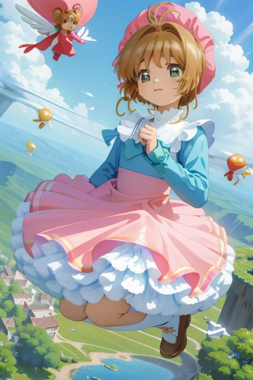 kawaii, anime, Cute,1000 meters above the clouds,A boy cosplaying as a magical girl is hovering in the air,6 year old boy,Short bob hair,Brown Hair, Golden ratio face,Sharp focus, High resolution, The finer details, ((Layered tiered puffy long sleeve ball gown)),  Happy look,Throw the spear,Full body portrait,High resolution,High-definition background,Beautiful background,A mushroom cloud from a nuclear attack appears in the far-away sky.