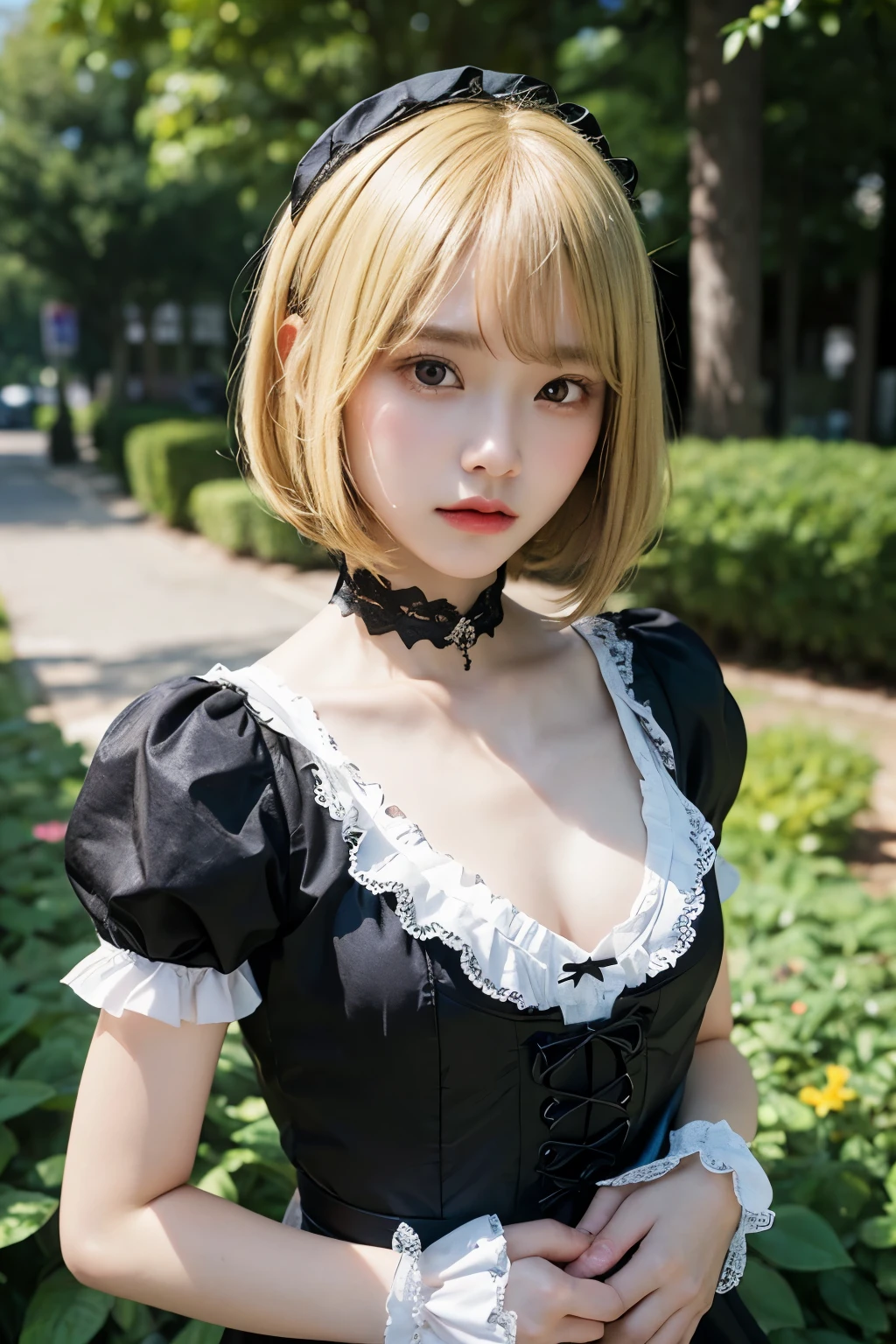 (Bob Cut Hair, Blonde Hair:1.2),(Wearing Gothic ta clothes:1.2),1 girl,Japanese,21 years old,(Small breasts:1.3),(highest quality,masterpiece:1.3,超A high resolution,),(Super detailed,Caustics),(Realistic:1.4,RAW shooting,)Ultra-Realistic Capture,Very detailed,High resolution 16K human skin closeup。 Natural skin texture、,pores、、It needs to be detailed enough to be easily identifiable。 Skin tone is even and healthy looking。 Use natural light and color, Sad expression, Looking into the camera, Perfect dynamic composition, Outdoor