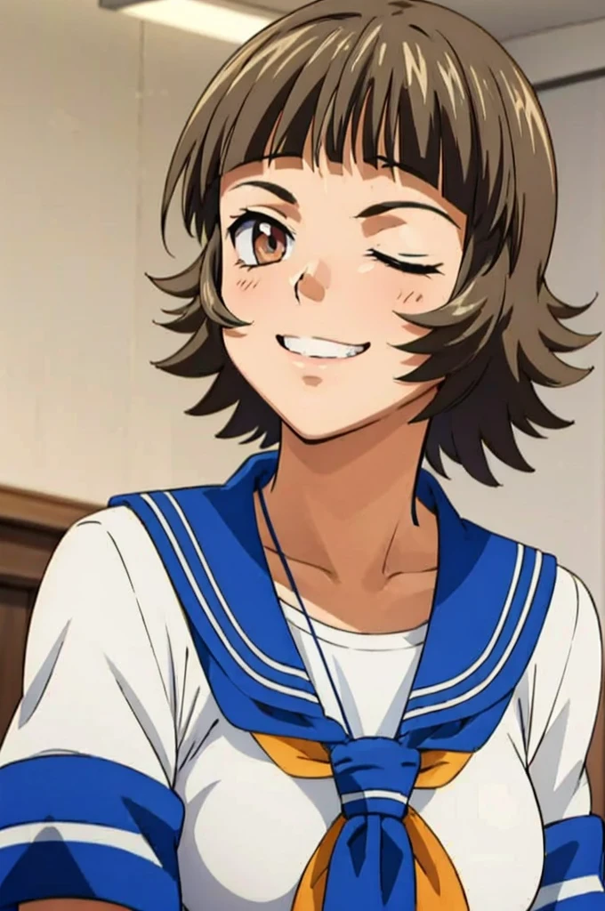 (masterpiece:1.3),(highest quality:1.4),(Super detailed:1.5),8K,High resolution,an extremely delicate and beautiful,Official Art,Perfect Anatomy,(anime_screencap:1.11),(90s Anime,90s Anime style,Cel-shaded anime:1.17),
anime coloring,detailed face and eyes, (solo:1.5),(anmnr:1.1),((ekitokuwz:1.52)),(school uniform:1.3),serafuku,short brown hair, pleated skirt, blue skirt, brown eyes, yellow neckerchief, short sleeves,(grin:1.1),Eyes tightly closed,