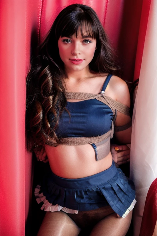 Beautiful cheerleader, Anne Hathaway, (((cheerleader uniform))), long wavy black hair with bangs. photo of 18 year old jp-katiaFinal-2600 ,long soft curls, bangs, light eyeliner, pink lips, tied up in a locker room, sexy girl wearing a skimpy cheerleader uniform and tan pantyhose, micro skirt is raised to flash pantyhose and shaved genitals, cleavage, Lycra crop top, shaved vagina, Canon EOS 5D Mark IV, 50mm f/1.8, 1/100s, ISO 160, Fujifilm Provia 100F, photorealistic, (((her pleated cheerleader skirt is lifted to show her tan pantyhose))), (((she is a prisoner and is bound by thick rope))), she looks at camera trying to be set free by offering her sexy body, (((rope around neck, sports bra, arms, waist, and one down the middle between her crotch giving her cameltoe))), (((in navel blue and pink cheerleader costume only, tight crop top and miniskirt)))