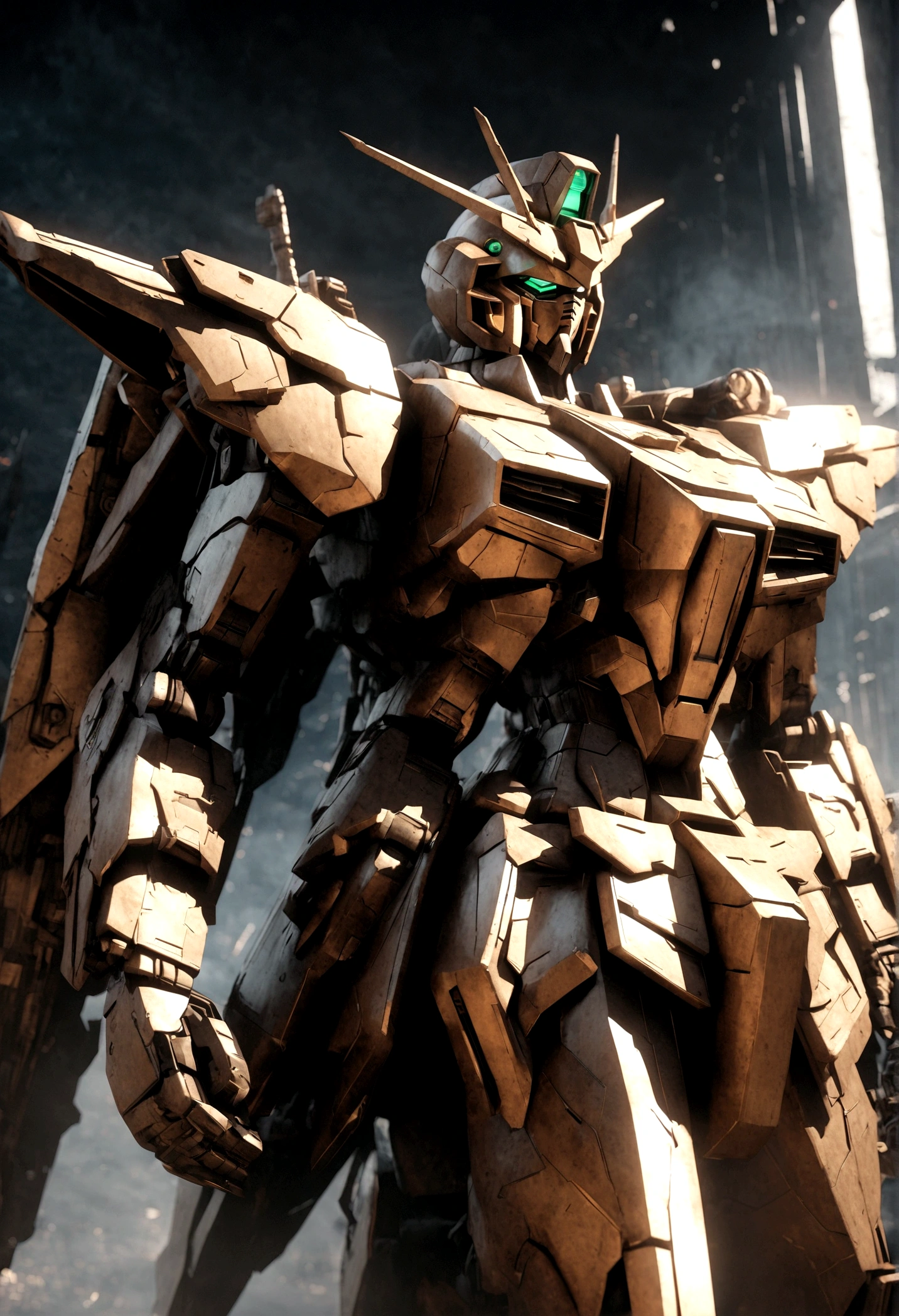Highly detailed futuristic Gundam mecha, extremely complex mechanical design, glowing cybernetic elements, intricate machinery, sleek and angular body shapes, metallic sheen, powerful and imposing presence, dramatic lighting, cinematic compositions, dark and gloomy sci-fi atmosphere, dystopian setting, surreal 3D rendering, 8K, photorealistic, masterpiece, alien, erosion, fusion