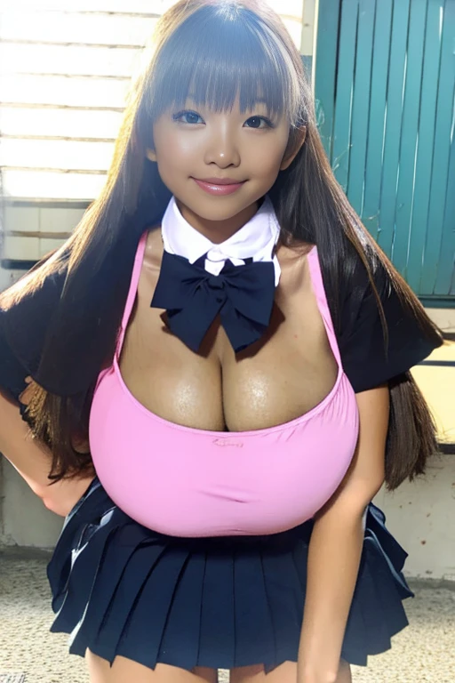 Super huge breasts, ditail lips, pink lips, long hair, cleavage of breasts, beautiful asian girl, gal, shining skin, brown hair, dark skin, tanned skin, brown skin, gigantic breasts, JK , hi-school girl, school student uniform, chest bulge, 1 girl, heavy makeup, glowy skin, smile, (big breasts:1.5), lipstick, thick lips