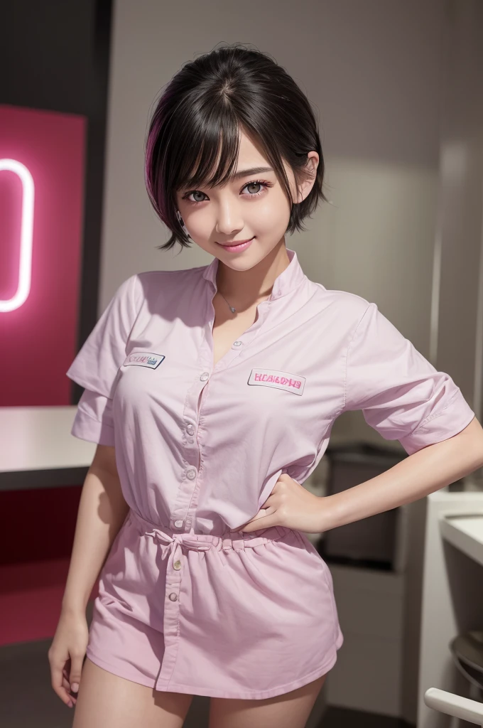 highest quality、8k Masterpiece、超A high resolution、(Photorealistic:1.3)、RAW Photos、1 girl、Messy black very short hair、Glowing Skin、((Ultra-Realistic Details))、Portrait、Global Illumination、Shadow、Octane Rendering、8k、Super sharp、Beautiful breasts、Beautiful Eyes、Bright colors、smile、Very intricate details、Realistic Light、CGSoation Trend、Beautiful Eyes、Shining Eyes、A big smile for the camera、Neon Details、20age、Mean、Small devil、Obscene、wide shot、full body、Silver charm on the ankle、Healthy body shape、Cute pink uniform、Girls' High School、Cosplay、A little sexy、Moe、Super cute、cute、pure、Fall in love、Idol、、A girly cafe with gentle sunlight、A smile that will make any otaku swoon、intellectual、Mature look