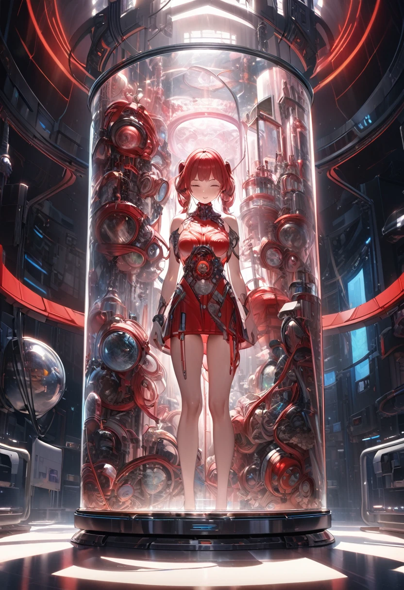 Intricate illustration in imaginative and cybertic surrealist art style，Translucent red twin tails Ether Machine Girl Surrounded by complicated medical equipment how it is being treated,she's a whole machine It is placed in a large transparent tank of culture medium.The body is in the shape of a cross Red tubes that look like thin blood vessels are connected to medical equipment throughout his body.A large tank is filled with a slightly bluish culture solution, and bubbles are rising from the bottom to the top.Details of a girl's beautiful face,Beautiful details of the culture solution inside the transparent culture tank, In the culture solution, she looks down and closes her eyes close up of face,Fantastic cinematic lighting, realistic CG graphics,masterpiece, high resolution, high resolution images, 4, 8k ultra detail