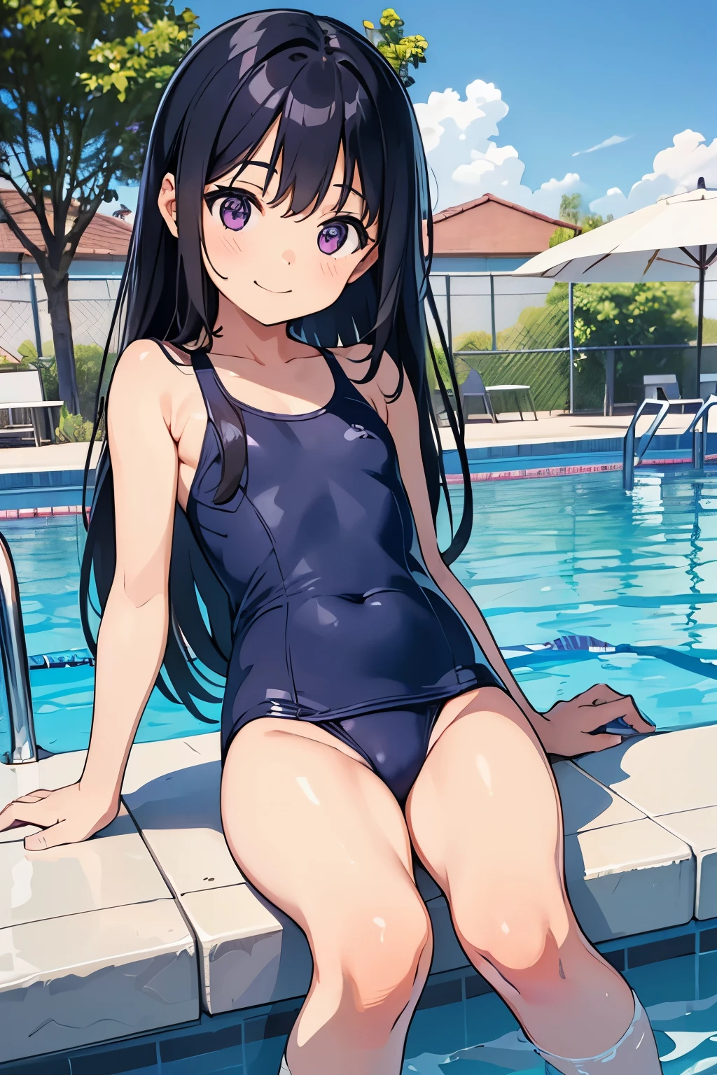 Elementary school girl, , flat chest, black hair, long hair, purple eyes, smiling(1 person) Navy blue old style school swimsuit Barefoot poolside standing Dynamic Angle Low - Angle