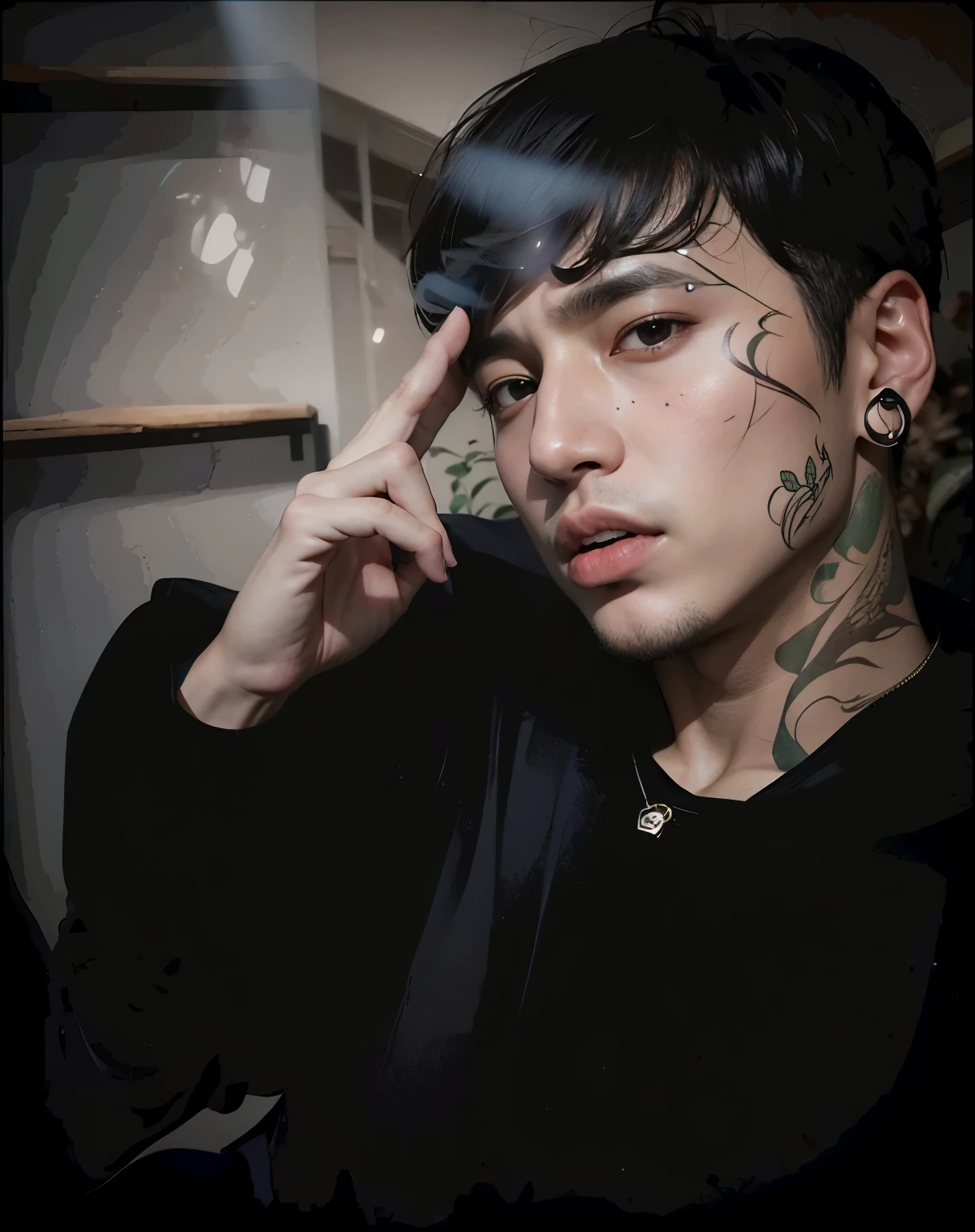 homem arafiado com camisa branca e uma planta ao fundo, profile picture with headshot, Kim TaeHyung , hyung kim, rosto bonito, Jimin\the full lips, inspirado em Kim TaeHyung bts, rosto bonito, taken at the beginning of 2020, Imagem de perfil, Jimin\o nariz grego, hyung tae, realista, Ultra-HD