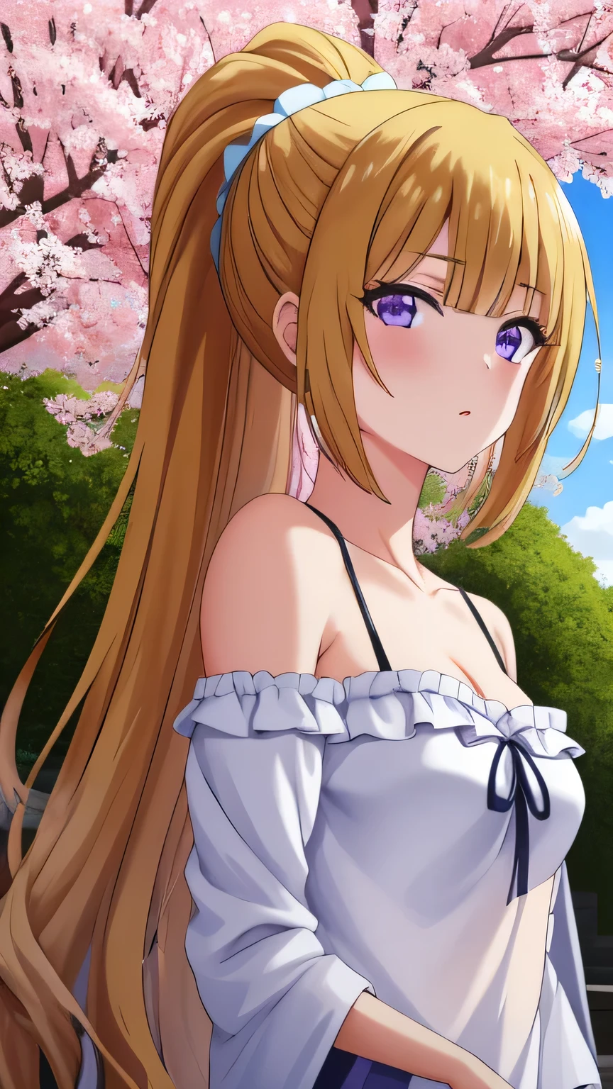 KeiKaruizawa, blonde hair, ponytail hairstyles, violet eyes, 1girl,solo,long hair, off shoulder, collar bone, cleavage, look at viewer, perfect fingers, armpit peek, frill,  Beautiful flowers bloom, (sparkles), (There is a blooming sakura)，standing under a tree, (head looking up), Look at the tree, Natural soft light, macaron, Still ethereal, Crisp and smooth lines, radiant morning light, soft luminescent glow, armpit peek,