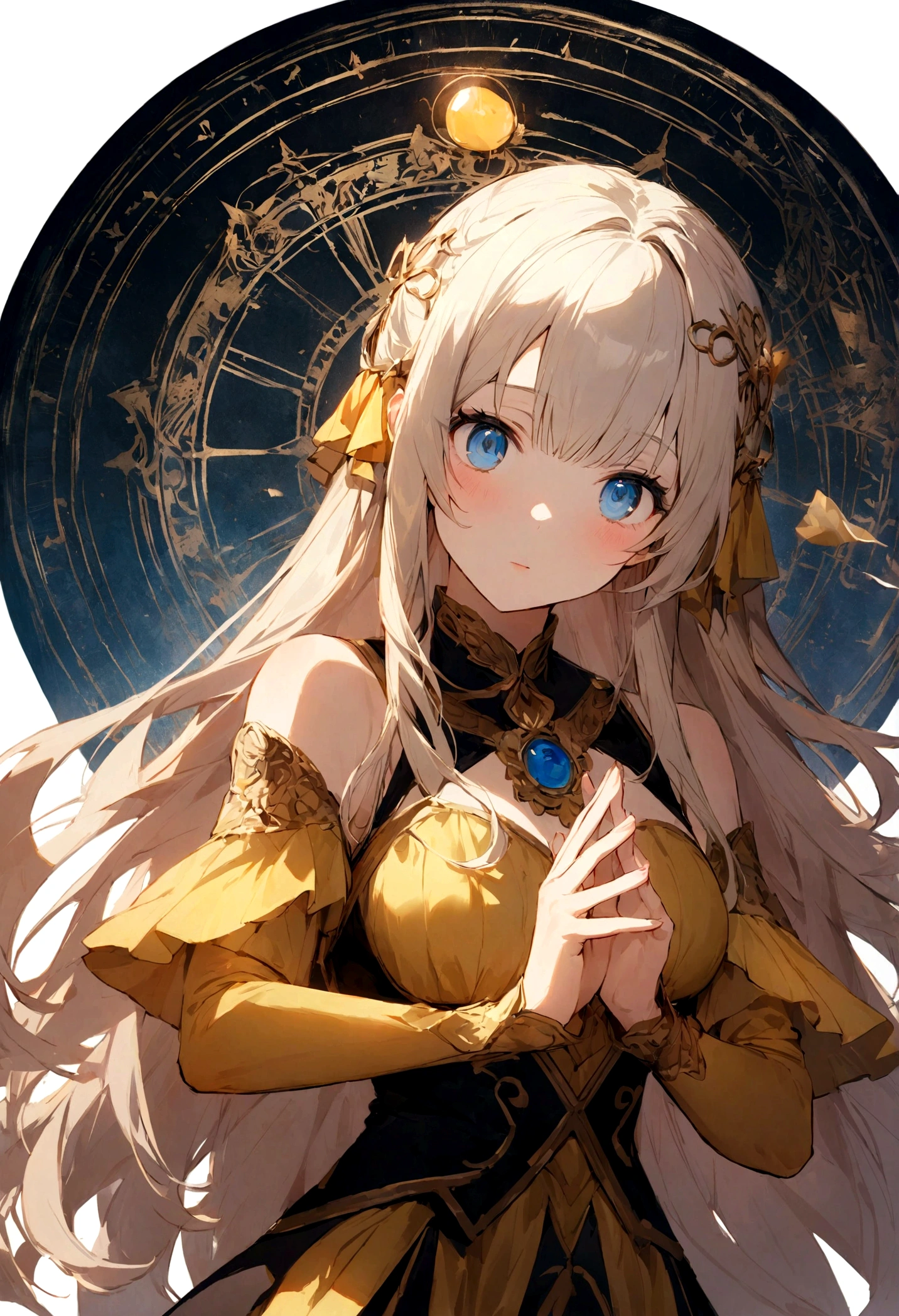 8K、Ultra HD、anime、(A very beautiful female character with beautiful features)、((Beautiful clear blue eyes))、Beautiful long hair、Messy bangs、Depiction of the upper body、(((Beautiful long thin fingers)))、(((Prayer Pose)))、((Wearing a glittering golden outfit))、(I'm doing fortune telling)、((magic circle background))、((Facing forward))、(((I'm directing my gaze here)))、