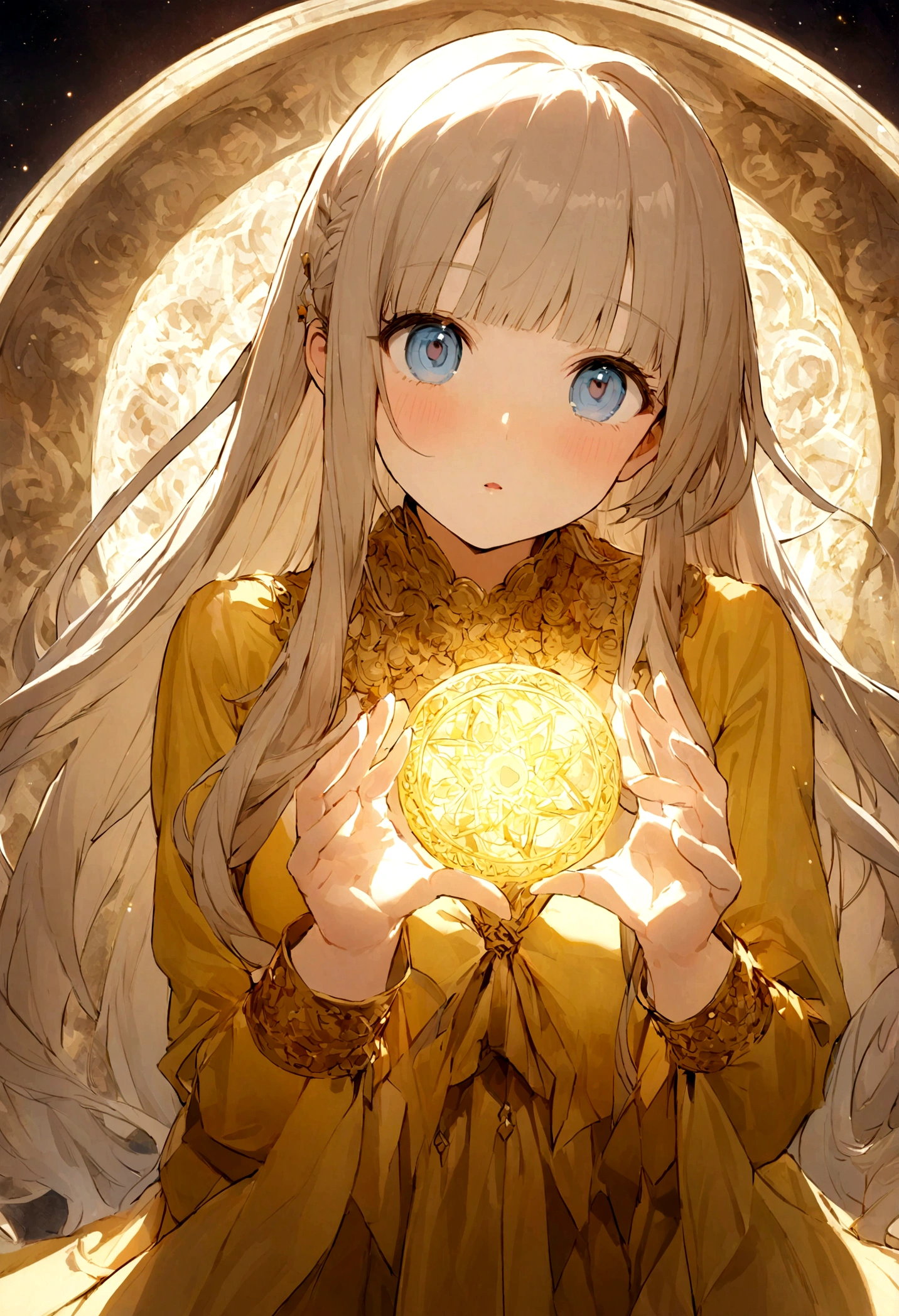 8K、Ultra HD、anime、（A very beautiful female character with beautiful features）、（（Beautiful clear blue eyes））、Beautiful long hair、Messy bangs、Depiction of the upper body、（（（Beautiful long thin fingers）））、（（（Prayer Pose）））、（（Wearing a glittering golden outfit））、（I&#39;m doing fortune telling）、（（magic circle background））、（（Facing forward））、（（（I&#39;m directing my gaze here）））、