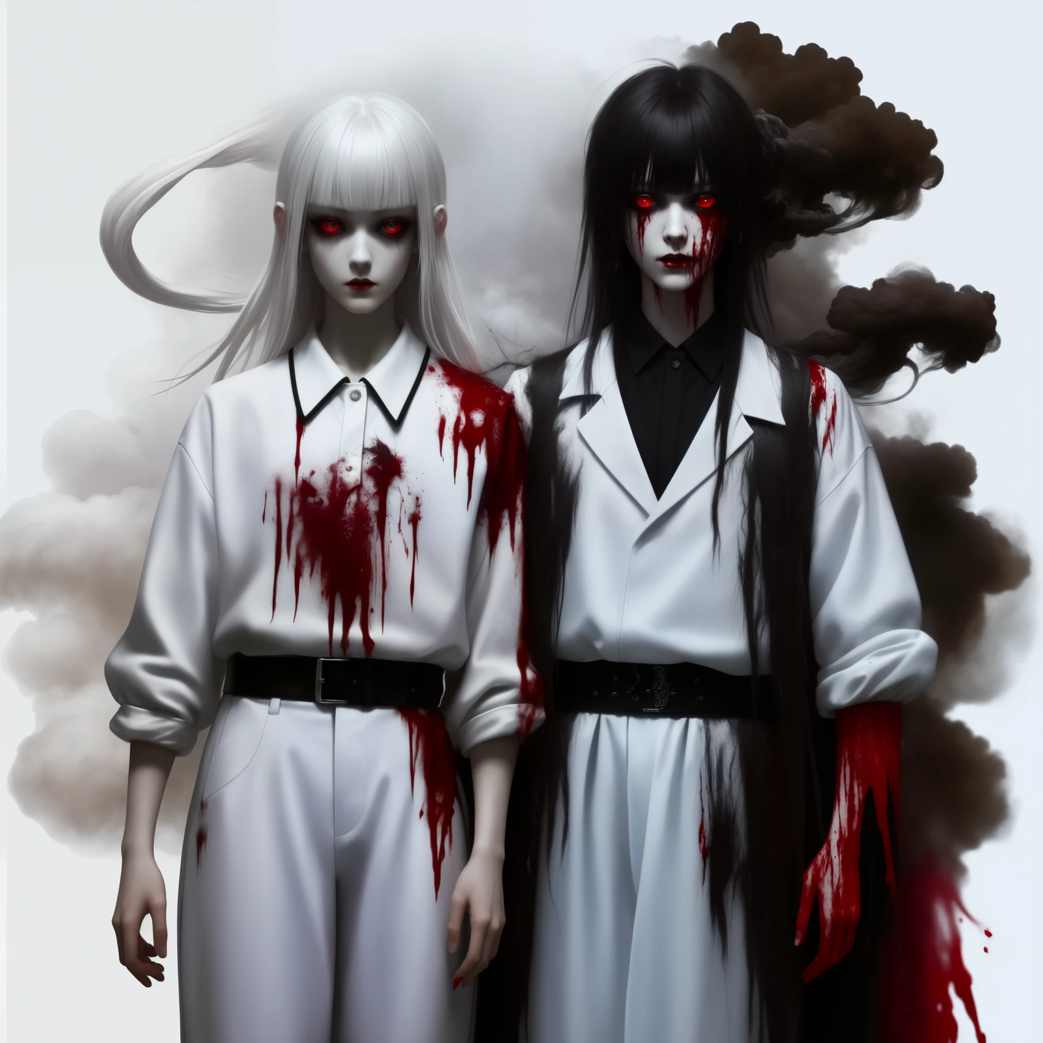 (masterpiece, best quality:1.2), cover image, splashed color background, highly detailed, colorful black, 1 girl, long silver hair, red eyes, short hair, blunt bangs, mannequin, cool face, (((white clothes))), illustration, horror art, dread, creepy, blood, blood eyes, gore, wabstyle, smoke and fog