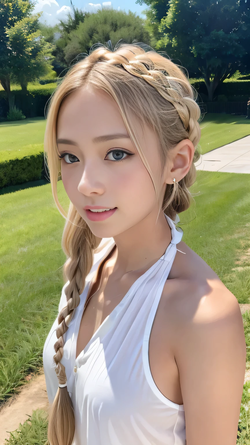 1 girl, solo, dress, blonde, green eyes, braids, white dress, reach out and first view, outdoors, ancient architecture looking at the audience, clouds, bare shoulders, sky, smile, wind, shoot from below,