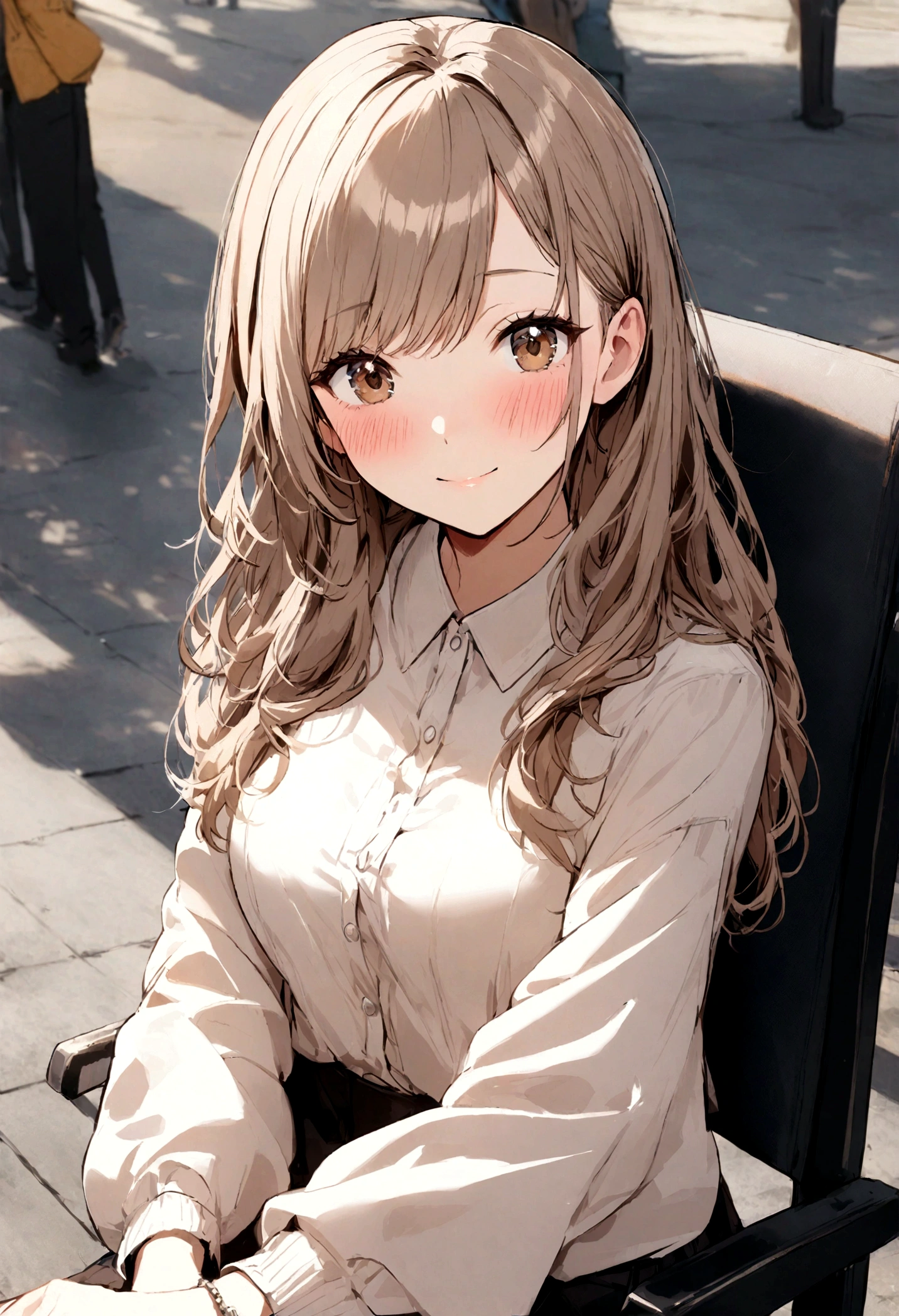 1 woman,(()), blush,light smile, seat,outdoors,