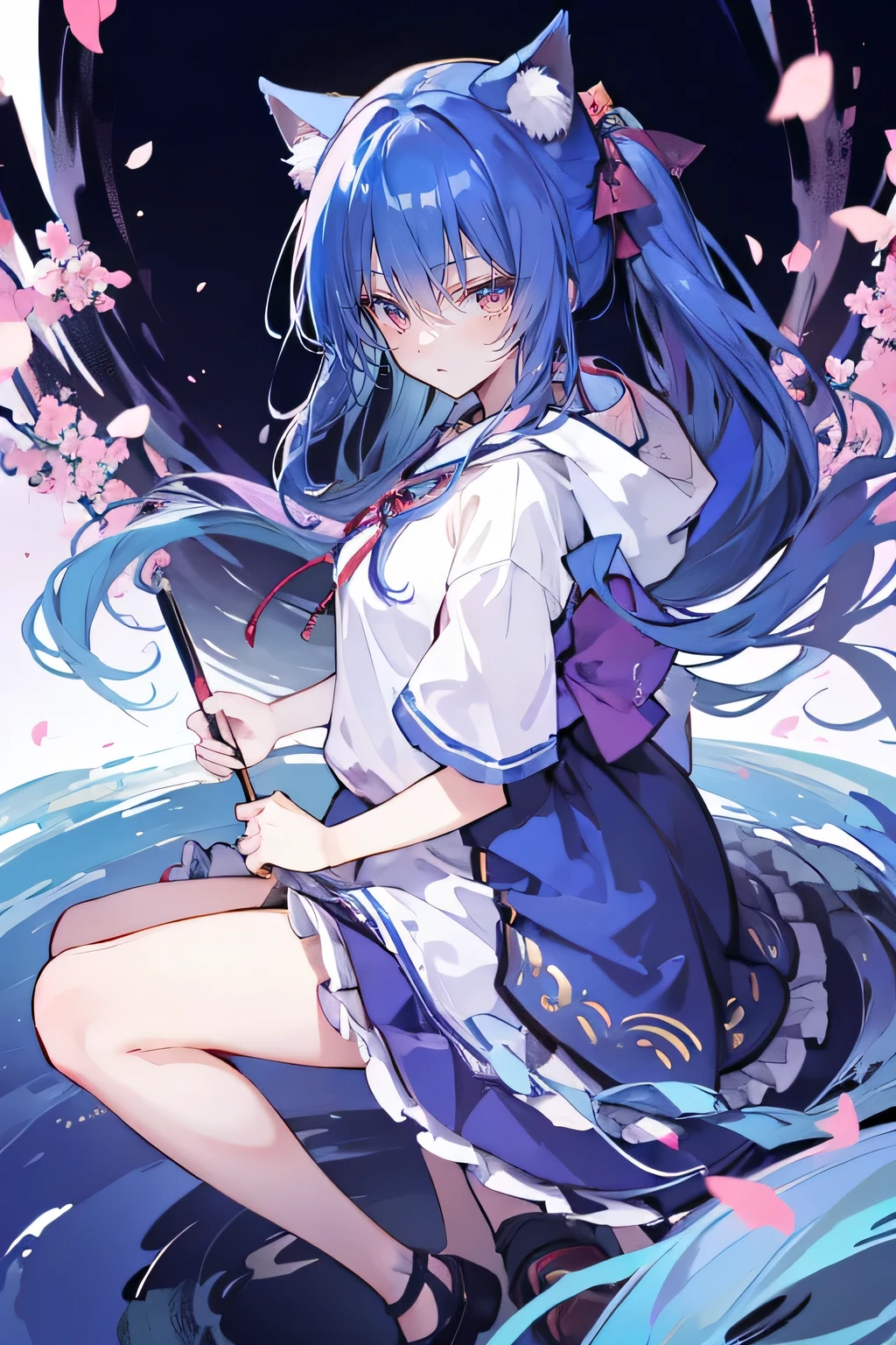 (masterpiece:1.2),Super detailed,lifelike,Expressive eyes,fair skin,perfect face shape,1 girl,
Japanese comics,Gorgeous blue hair,flowing blue hair,flowing clothes,Cat ears,Petals fall,beautiful lola,Baby Angel,
Shaking head with one hand,Cross your legs,Gentle and peaceful background,The pavilion is cool and comfortable,smile, wearing hoodie, background of tokyo,back views.