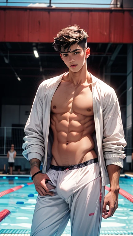 Oil painting, a young men 18 years old, Doing rhythmic gymnastics in front of swimmers, seduces offers himself erotically tempts , ready for anything, daring look, nudeboy, visible Lace of underwear, full length, no outerwear, aesthetics of the male body, big hips, full height, In the style of a glossy magazine spread