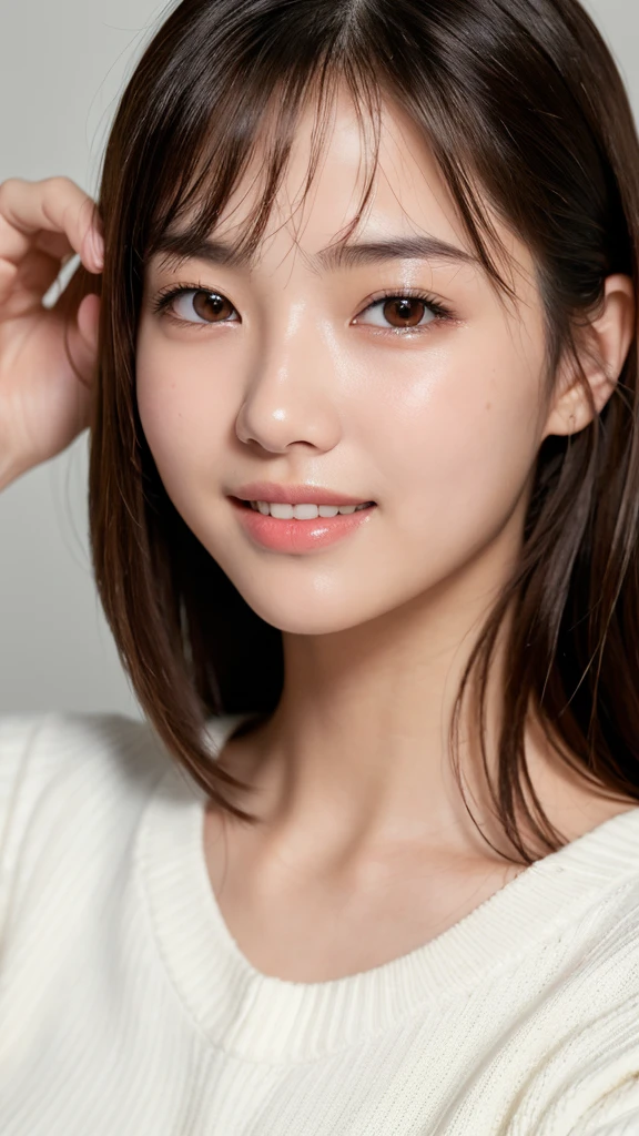 (Photo Real:1.4), (hyper realisitic:1.4), (Smooth lighting:1.05), 1 girl, neat and clean beauty, (sad:1.4), Close-up of the face, 22 years old, Soft lighting, Back lighting, (cheerfulness:1.2), (Finest Real Textured Skins), Narrow-eyed, Super fine face, Gravure Idol Pose, glowy skin, retinas, Anatomically correct, acurate, Super Detail, Textured skin, High quality, high details, Best Quality, High resolution, bangs, sweater