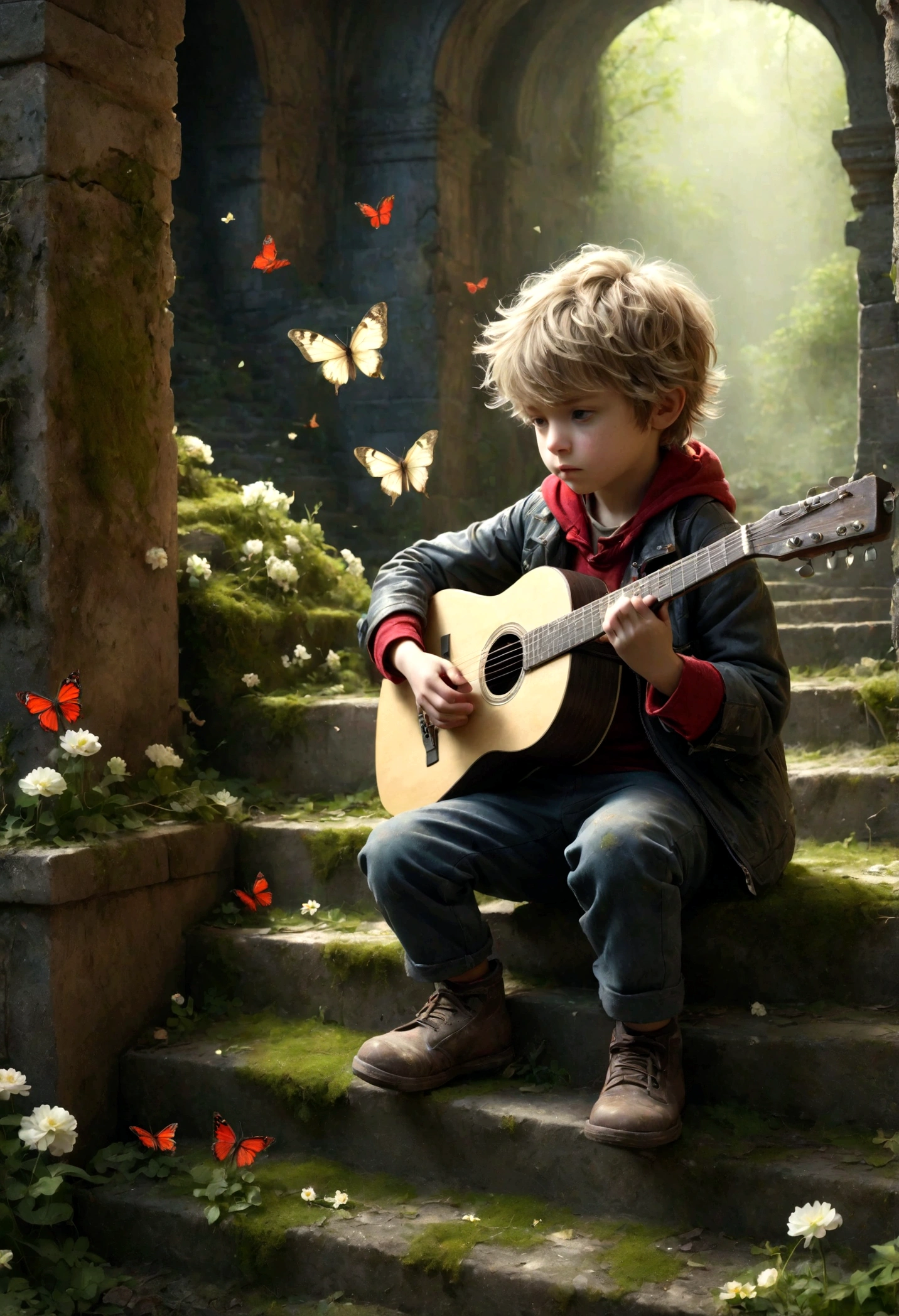 cannon fire，Little boy playing guitar in ruins, depressed, desolate, moss covered, Dilapidated, dirty, (best quality,4k,8K,High resolution,masterpiece:1.2),Extremely detailed,(Practical,photoPractical,photo-Practical:1.37),Dark Fantasy,severe,Mood lighting,Dramatic shadows,Movie,moody color palette,Soft Tones,Rubbish,rot,weathered，tattered，Small white flowers，Dungeons，cemetery，Black and Red，There is a broken bowl in front.，Footprinting，stairs，vine，rainwater，Swarms of glowing butterflies，A group of transparent wandering souls， Ghost