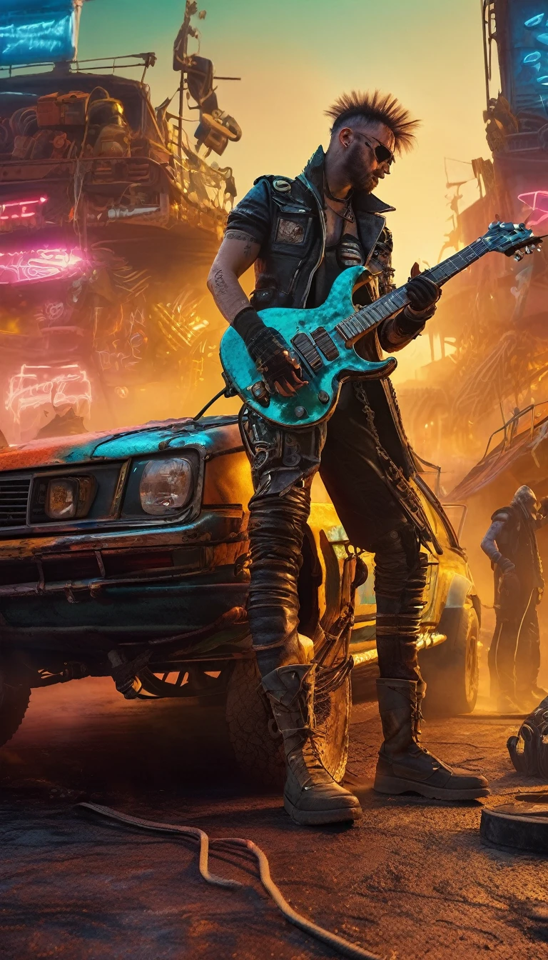 Sci-fi, mad max fury road style, a punk guitarist playing an electric futuristic guitar, standing on a small platform of a moving car, cars in mad max style, absurdity, fantasy, cinematic, hyper-detailed, 8k, high resolution, photorealistic, dramatic lighting, vibrant colors, dynamic composition, gritty post-apocalyptic environment, dystopian future, cyberpunk aesthetic, neon lights, intricate mechanical details, weathered textures