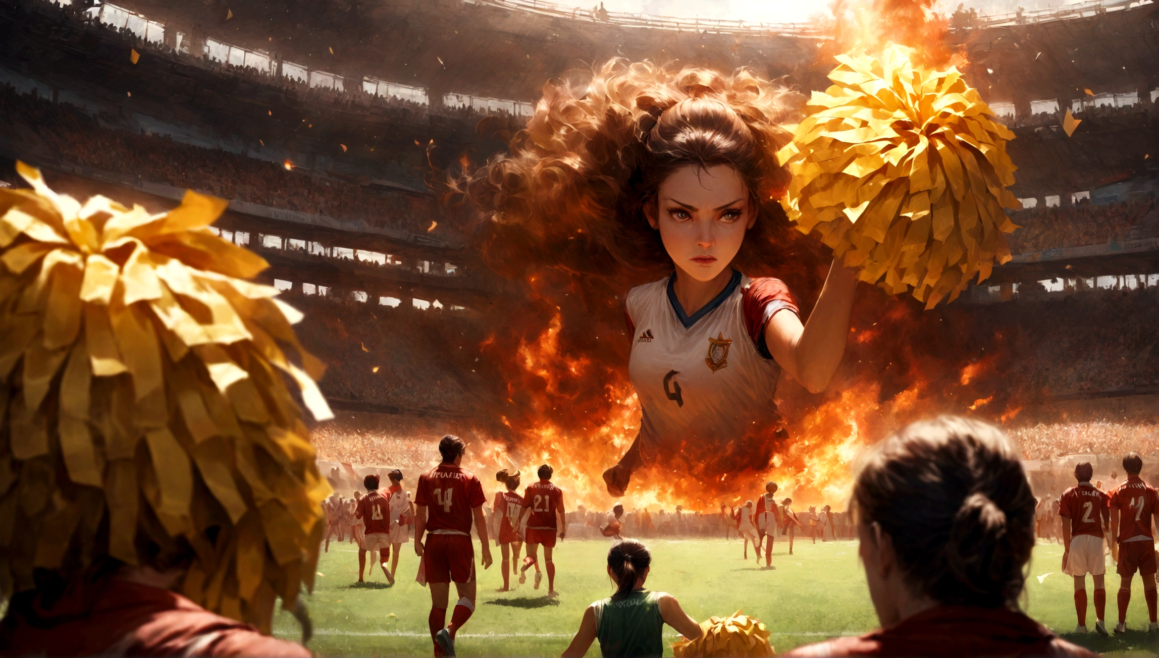 Creating a view from inside the soccer field, Athlete looking at the crowd, realistic cheerleading, flag, fire, concentrated