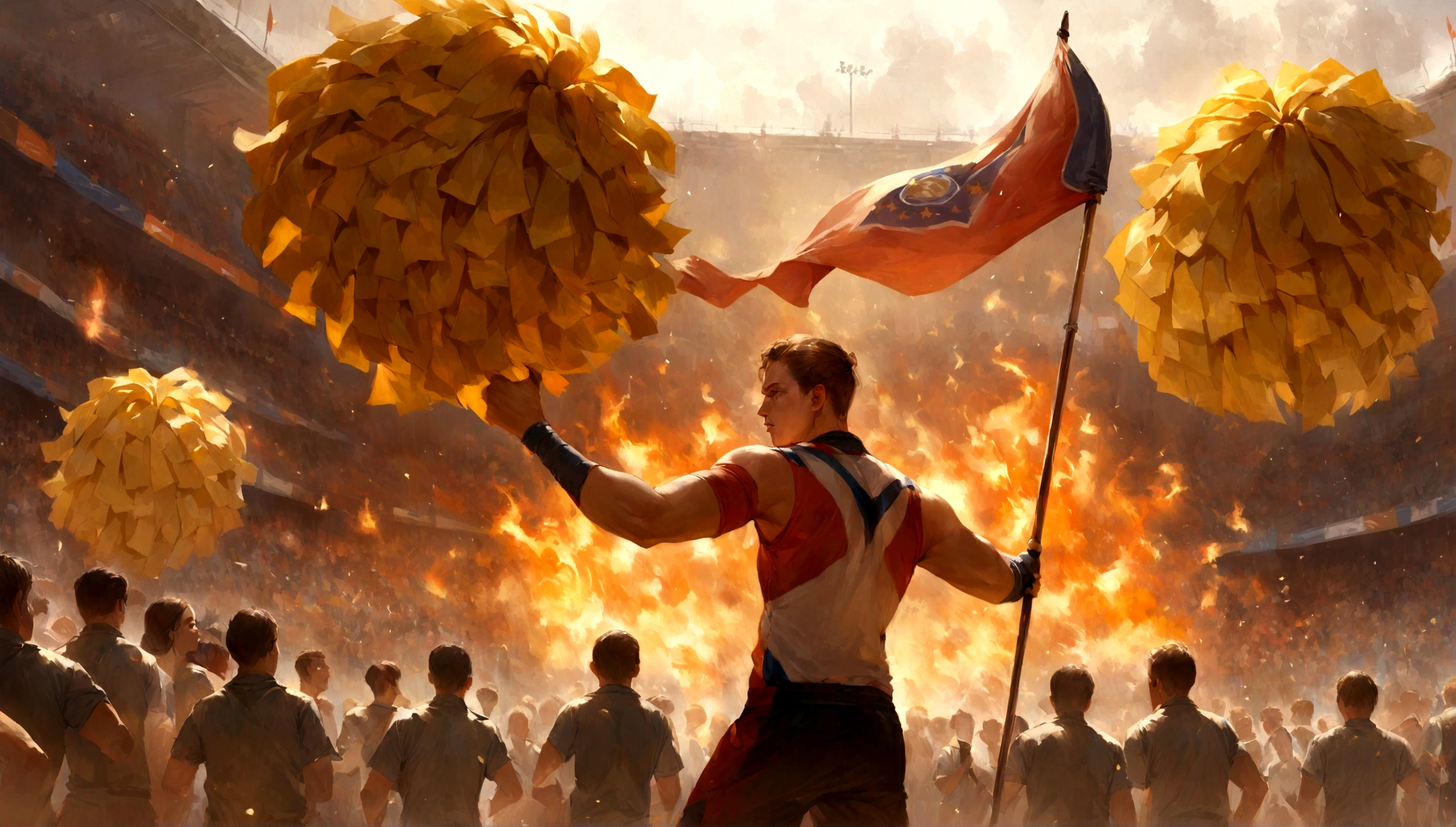 Creating a view from inside the soccer field, Athlete looking at the crowd, realistic cheerleading, flag, fire, concentrated