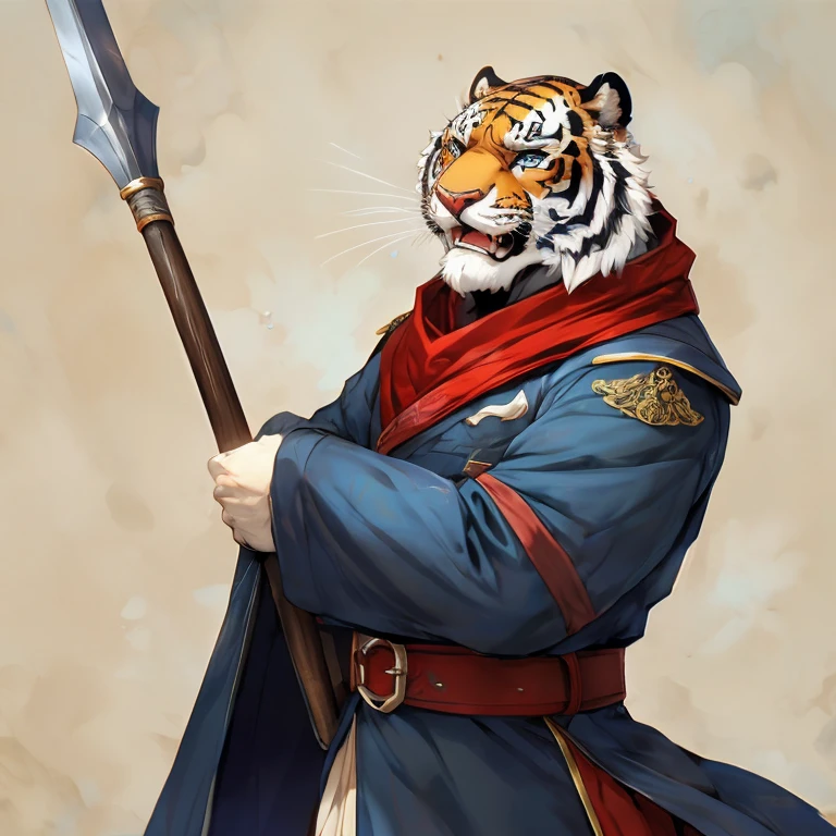 (淡蓝色Tiger),(蓝色流水蓝general战袍),has a halberd,Strong posture,Heartfelt laughter,(The background is the plain of life&#39;s ups and downs),Abdominal muscles,Covered in scars,完美的masterpiece,Various facial details,Distance Perspective,Specific explanation,masterpiece,CG,(Bright Blue Eyes),Light blue pattern,Light blue tail,general,Heroic Posture,Tiger,Light blue fur,Concrete face detail,Half Body,(Water Texture Combat Boots),(Changling),((middle aged)),(Face Focus),(16k),High resolution,abdomen,Temple,beard,(Face line),Different students,(Light blue ancient battle robes)