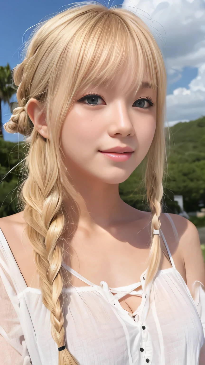 Pale, tanned skin、Sunburn marks on tanned skin、Bright blonde hair,A cute 20-year-old girl with a cute look, A strong wind blows my hair in front of my face、beautiful long blonde braided hair、beautiful, Cute eyes hidden by long bangs、Yawn、Double teeth、No visible nasolabial folds、