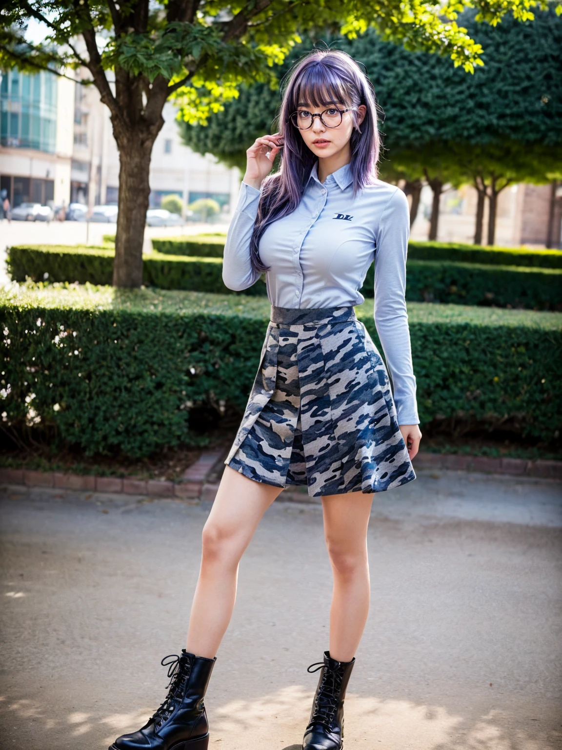 (1 lady), (Best quality at best:1.4), (ultra - detailed), (extremely detailed CG unified 16k), A Beautiful Woman with Perfect Figure: 1.4, Sharp Focus: 1.2, purple hair, very detailed, High-definition RAW color photo, professional photoshooting, amazing face and eyes, cosmetics, (standing), (amazingly beautiful girl), ((kotomi)), (exact clothes: (gray camo pattern shirt, long sleeves), (azure tight skirt jean-type), formal, teacher outfit, glasses, (black combat boots with blue laces)), (looking cute, immerse in her own thoughts expression), (City park, extremely detailed background, realistic background, first date vibes), (frontal photo), realistic cinematic face, (head to feet long wide zoomed out view, full body long view, head to shoes), photorealistic, ((realistic natural purple hair style, purple eyes)), gorgeous, extremely beautiful face, pretty face, delicate girl, (attractive body, fit woman, big girl, athletic body, strong female), perfect model beauty, pout mouth, Highly Detailed Face and Skin Texture, Detailed Eyes, Double Eyelids, Medium size breasts, shy but motivated expression, (masterpiece), best quality, high resolution, extremely detailed, cinematic lighting, amazing legs, clear and well-cared skin, (milky pale skin, white skin like milk), official dior editorial, trending on pinterest, dreamy, aesthetic, ((style raw)), (head to toe photo)