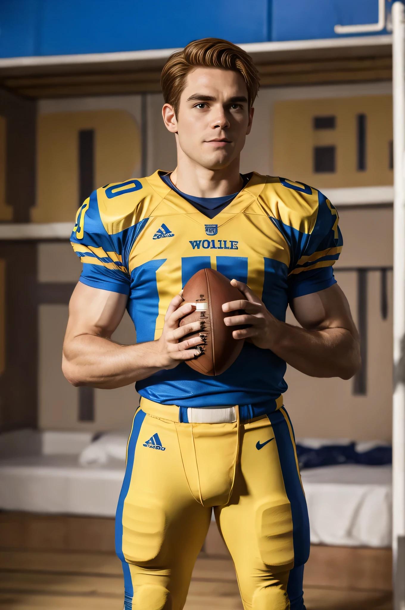 Archie Andrews, (((wearing blue and yellow Riverdale football uniform, holding American football in right hand1.2))), football field background, standing, homoerotic, male focus, ((close up full body image)), daytime, dramatic lighting, broad shoulders, big biceps, looking at the viewer, brown eyes, red short hair