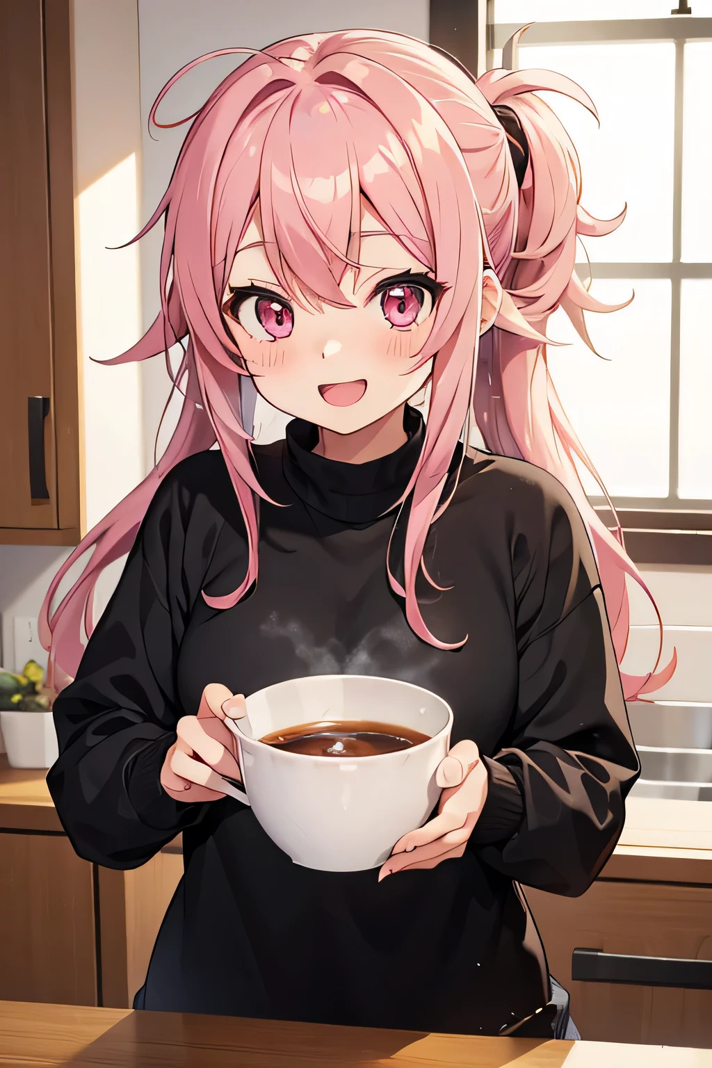 adult, cute anime girl, smiling, open mouth, pink hair, long hair, pink eyes, messy hair, wearing black sweater, hair tied in two, blushing, in kitchen
