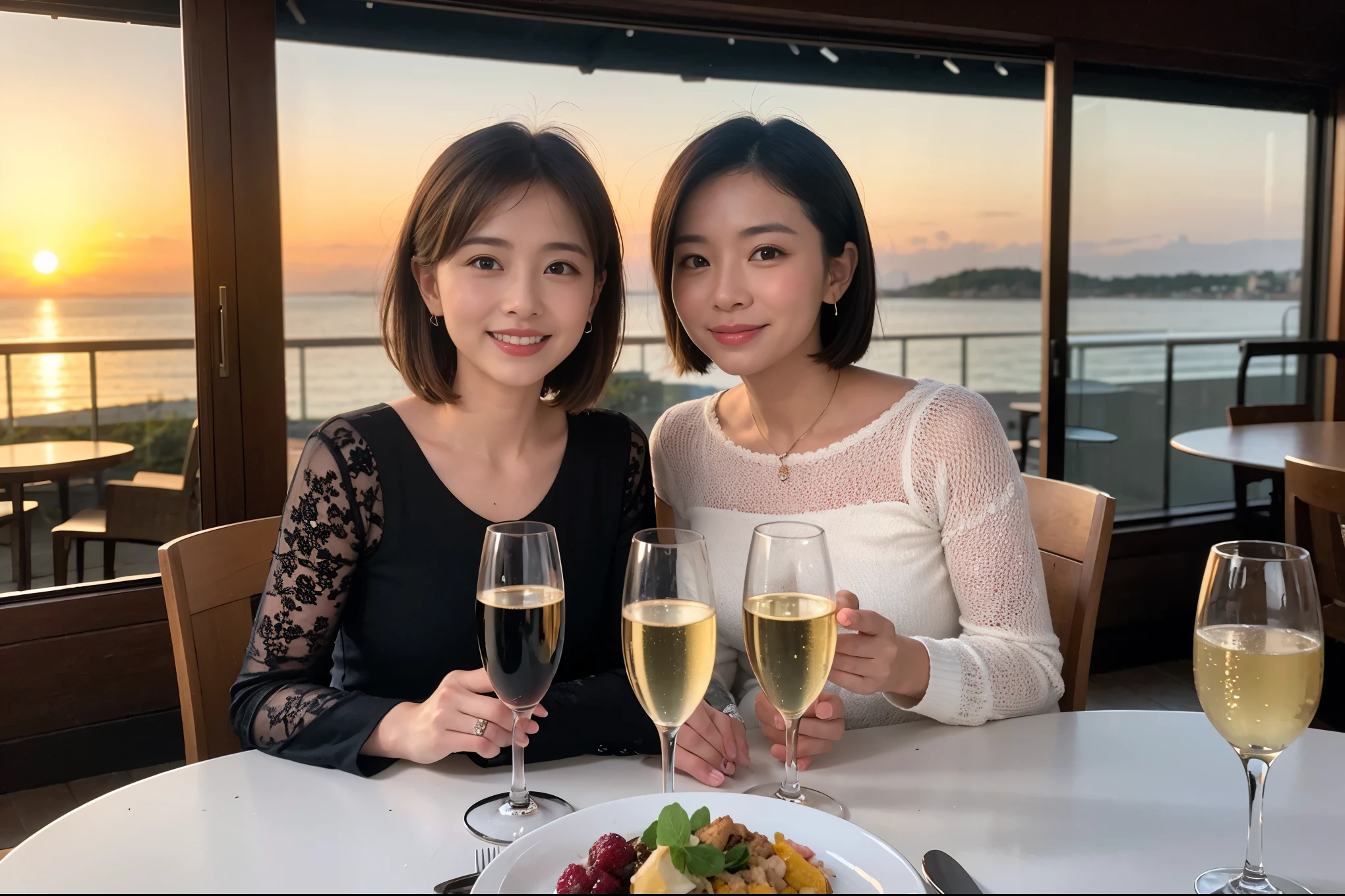((highest quality、8k、masterpiece:1.3))、lover、spouse、Beautiful couple、smile、full-course dinner、 (Slim face), (the body is スリム), (Brown Hair), (Short Hair), Wine glasses on the table、Amazing view of the sunset sky and clouds、 (Age 37), 39 years old, Wine bottle、Champagne、sparkling wine、Long sleeve shirt、dress、White wine, red wine, 