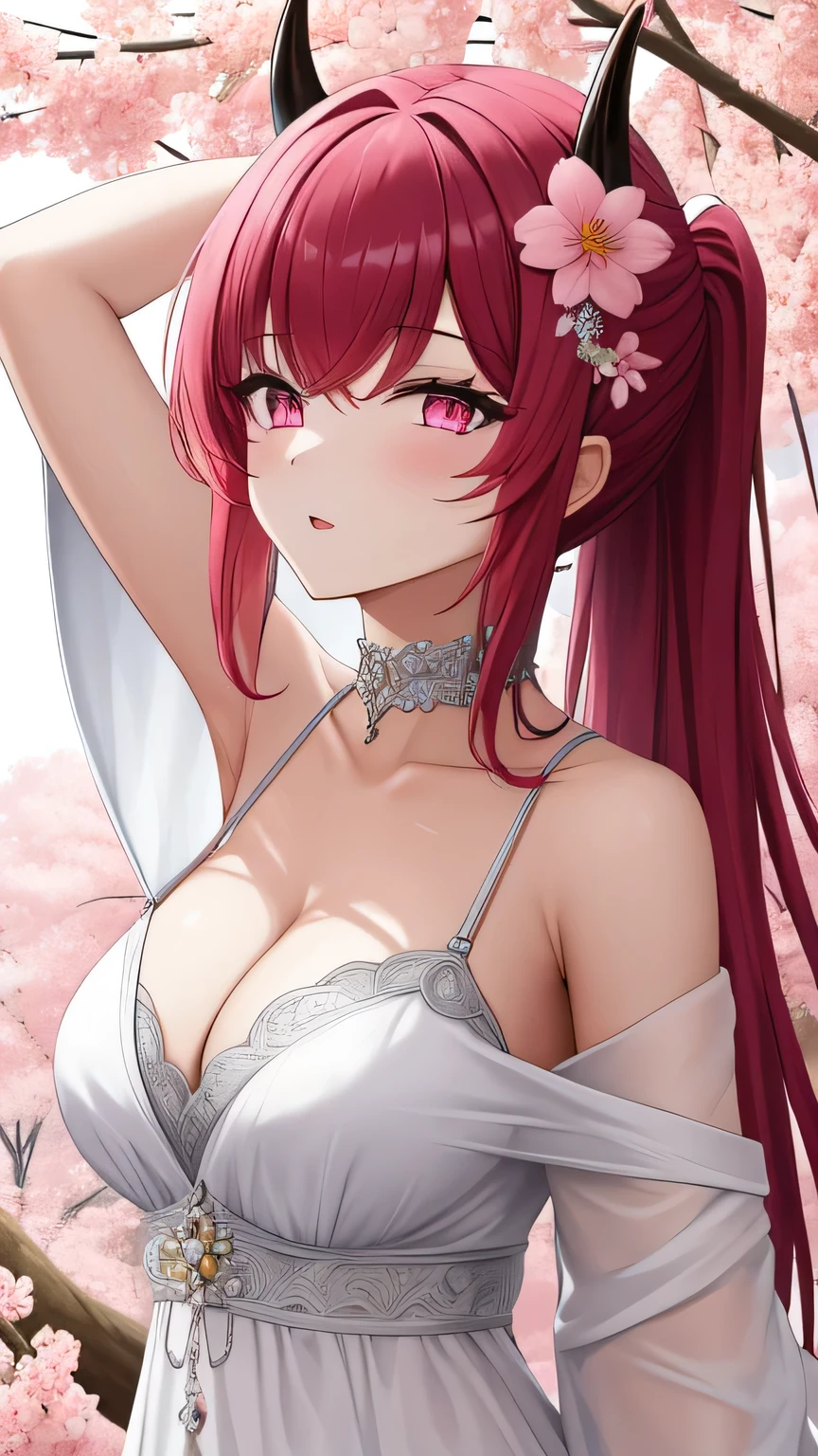 red hair, ponytail hairstyles, (detailed eyes, cosmic eyes, galaxy pupils, (pink eyes)), horns, black horns, horn towards the bangs two horns, bangs, 1girl, solo, long hair, off shoulder, collar bone, cleavage, look at viewer, perfect fingers, armpit peek, frill,  Beautiful flowers bloom, (sparkles), (There is a blooming sakura)，standing under a tree, (head looking up), Look at the tree, Natural soft light, macaron, Still ethereal, Crisp and smooth lines, radiant morning light, soft luminescent glow, armpit peek,