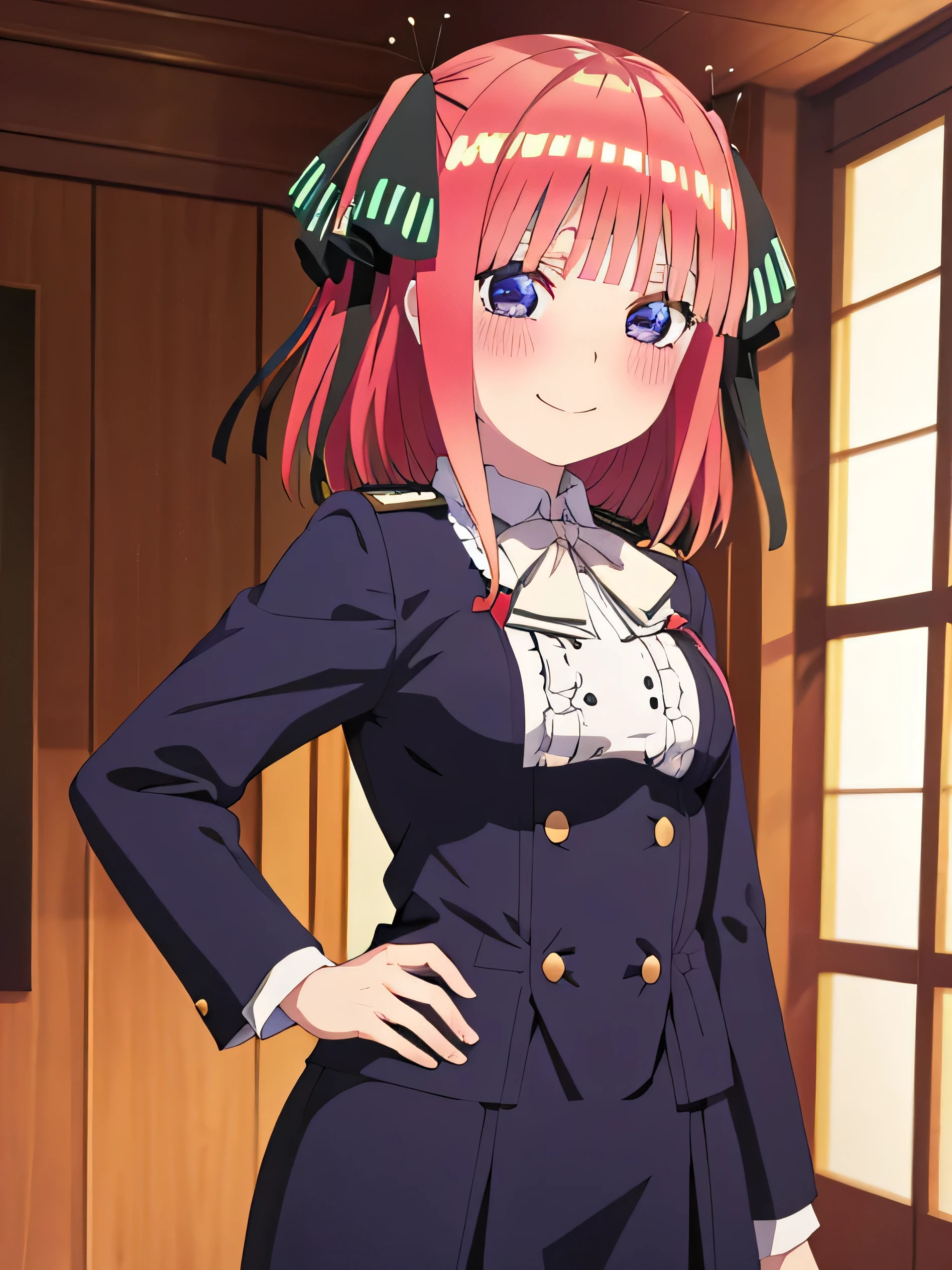 best quality, masterpiece, high quality, insanely detailed, nino nakano, chest, blush, smile, whole body, uniform