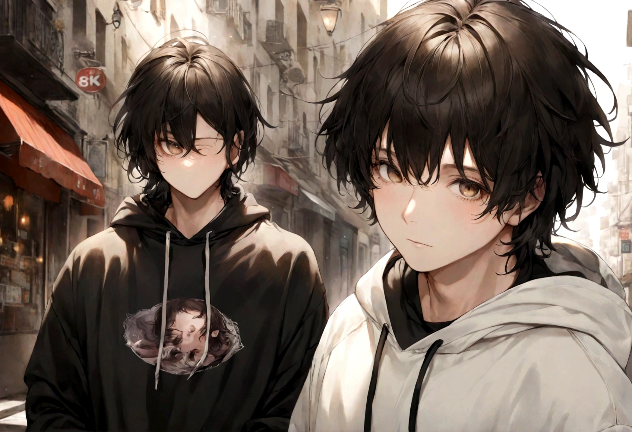 (sudadera con capucha para hombre), ), (con barba ,) (ojos color cafe claro), Aspecto atractivo y serio, cabello negro oscuro, ropa comoda y holgada sudadera color cafe, Un hombre similar al actor Jim Morrison, (Imagen realista y de alta calidad), fondo en la calle con la vista hacia una ciudad, ((La mejor calidad, 8K, obra maestra).((dynamic pose))