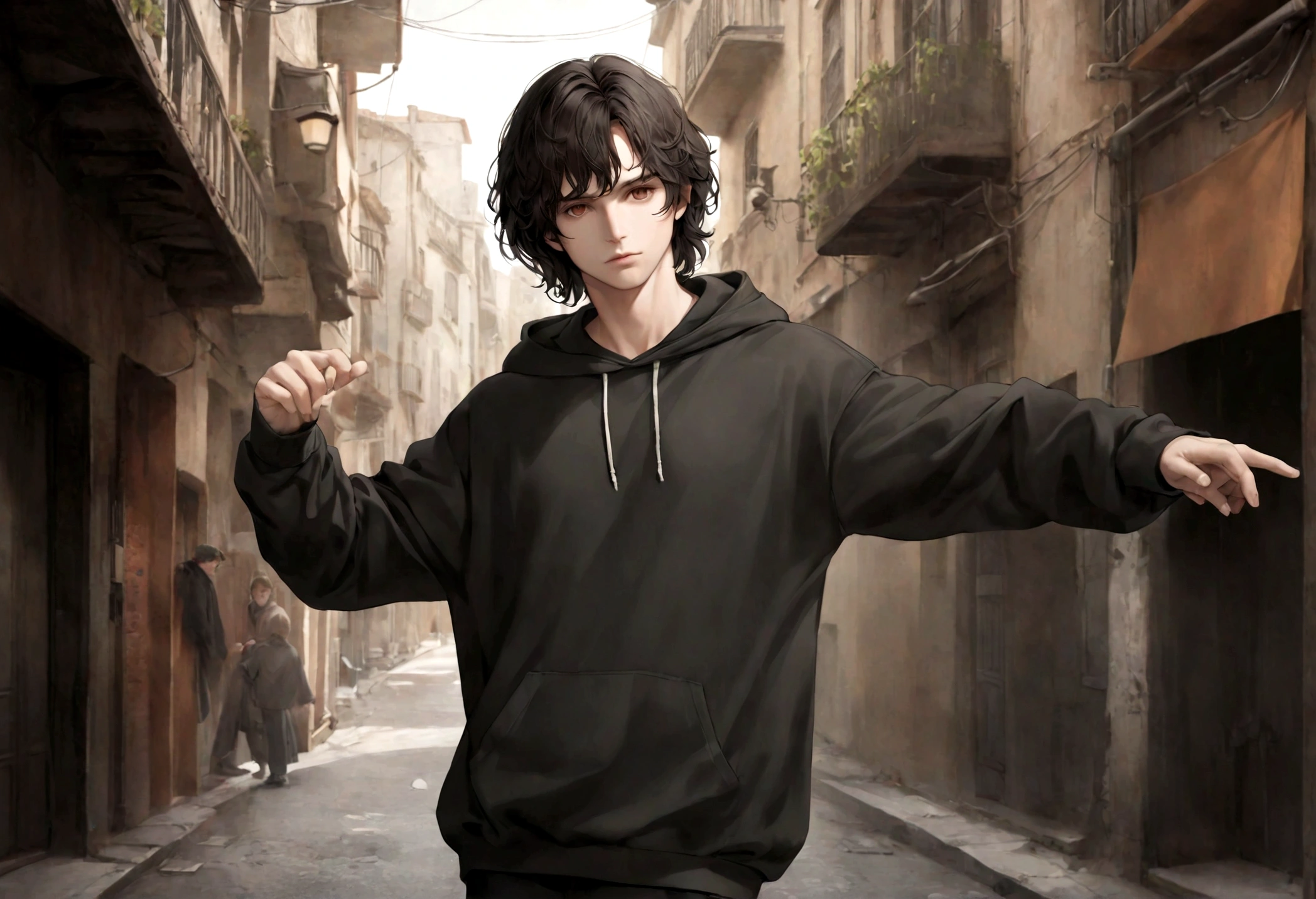 (sudadera con capucha para hombre), ), (con barba ,) (ojos color cafe claro), Aspecto atractivo y serio, cabello negro oscuro, ropa comoda y holgada sudadera color cafe, Un hombre similar al actor Jim Morrison, (Imagen realista y de alta calidad), fondo en la calle con la vista hacia una ciudad,  ((La mejor calidad, 8K, obra maestra).((dynamic pose))
