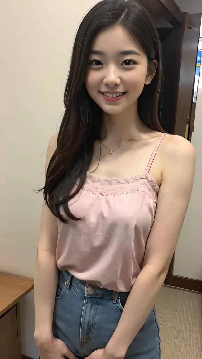 one beautiful girl、pink camisole, A dark-haired、 schools、early morning、14years、cute smile at the viewer, arms at sides, standing straight,