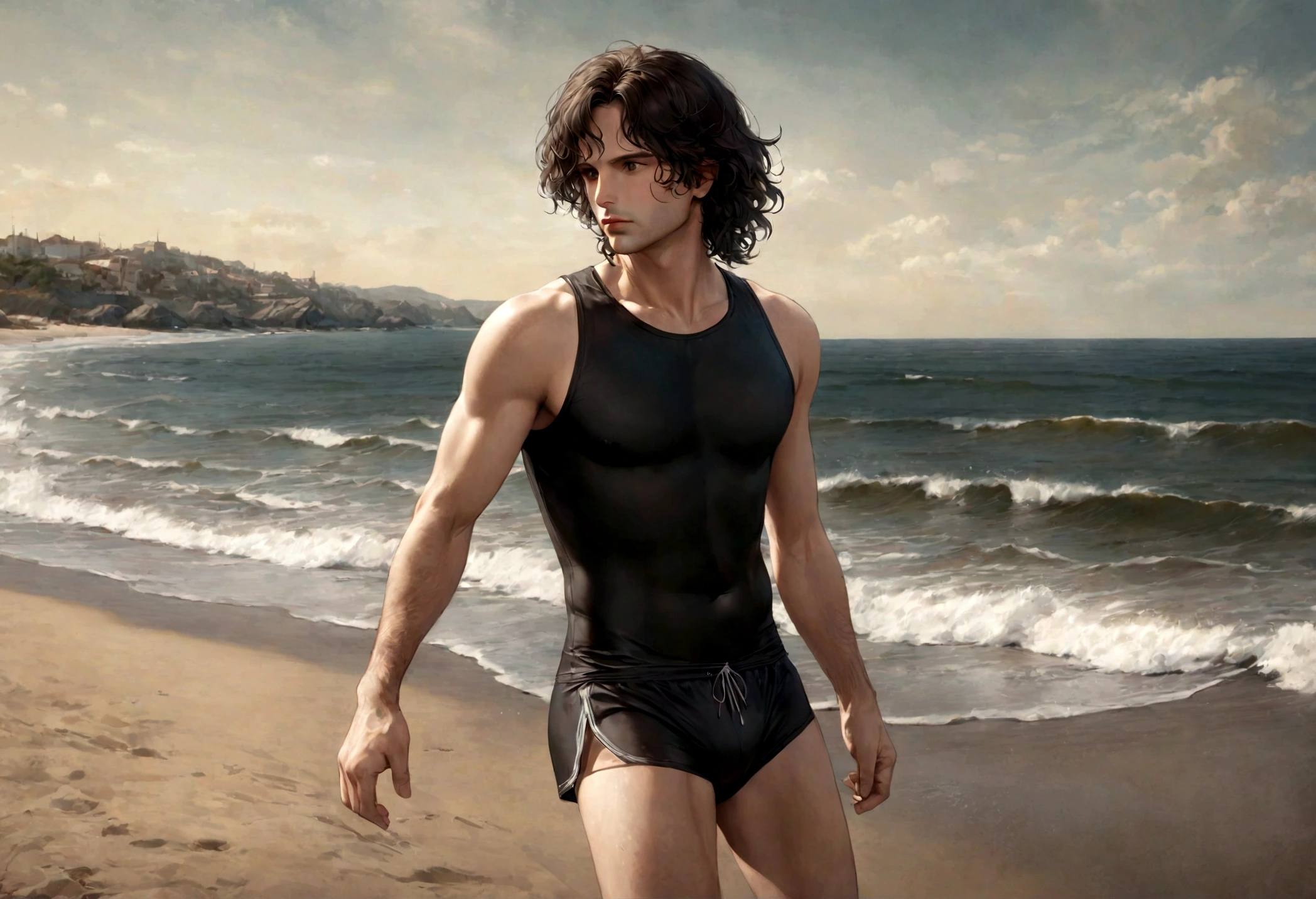 (swimwear for men), ), (con barba ,) (ojos color cafe claro), Aspecto atractivo y serio, cabello negro oscuro, swimming clothes, Un hombre similar al actor Jim Morrison, (Imagen realista y de alta calidad), fondo en la playa, se ve el mar,  ((La mejor calidad, 8K, obra maestra).((dynamic pose))