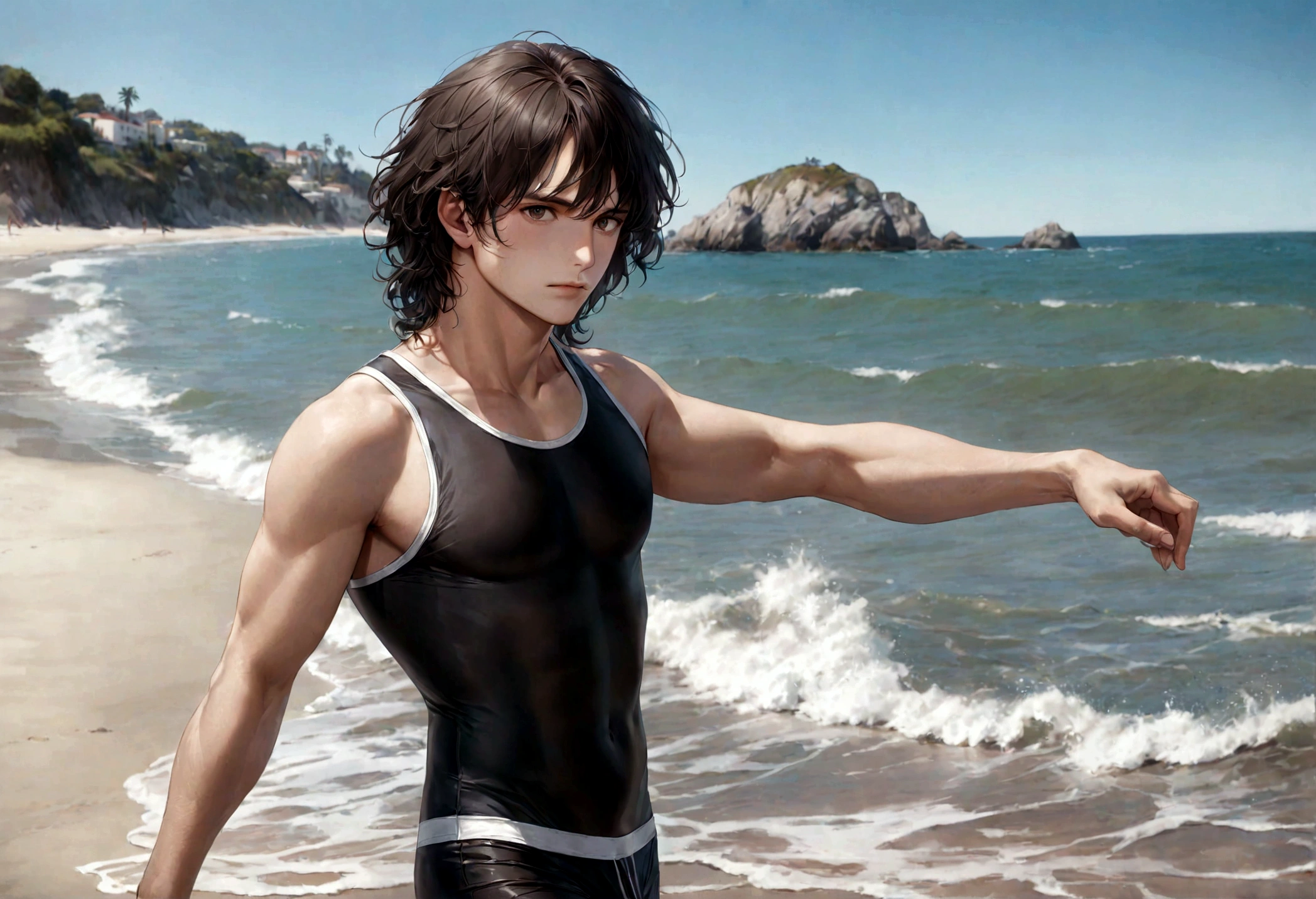 (swimwear for men), ), (con barba ,) (ojos color cafe claro), Aspecto atractivo y serio, cabello negro oscuro, swimming clothes, Un hombre similar al actor Jim Morrison, (Imagen realista y de alta calidad), fondo en la playa, se ve el mar, ((La mejor calidad, 8K, obra maestra).((dynamic pose))