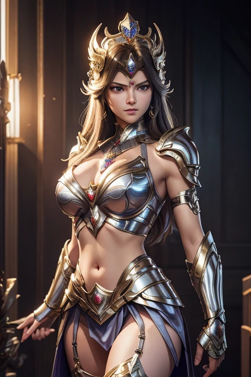 fully body photo，（best qualtiy）， （1girll）， starryskybackground, crown, holding shield in snake temple, Wearing shiny gold armor， Sexy lingerie type armor，Expose your chest，Expose the waistline，Exposing thighs，cool-pose， Saint Seiya Armor， messy hair，high detal, Cinematic lighting, Sparkle, god light, Ray traching, filmgrain, hyper HD, textureskin, super detailing, Anatomical correct, A high resolution，Ultra-high saturation，hight contrast，High-gloss armor，Smooth skin，Serious expressions