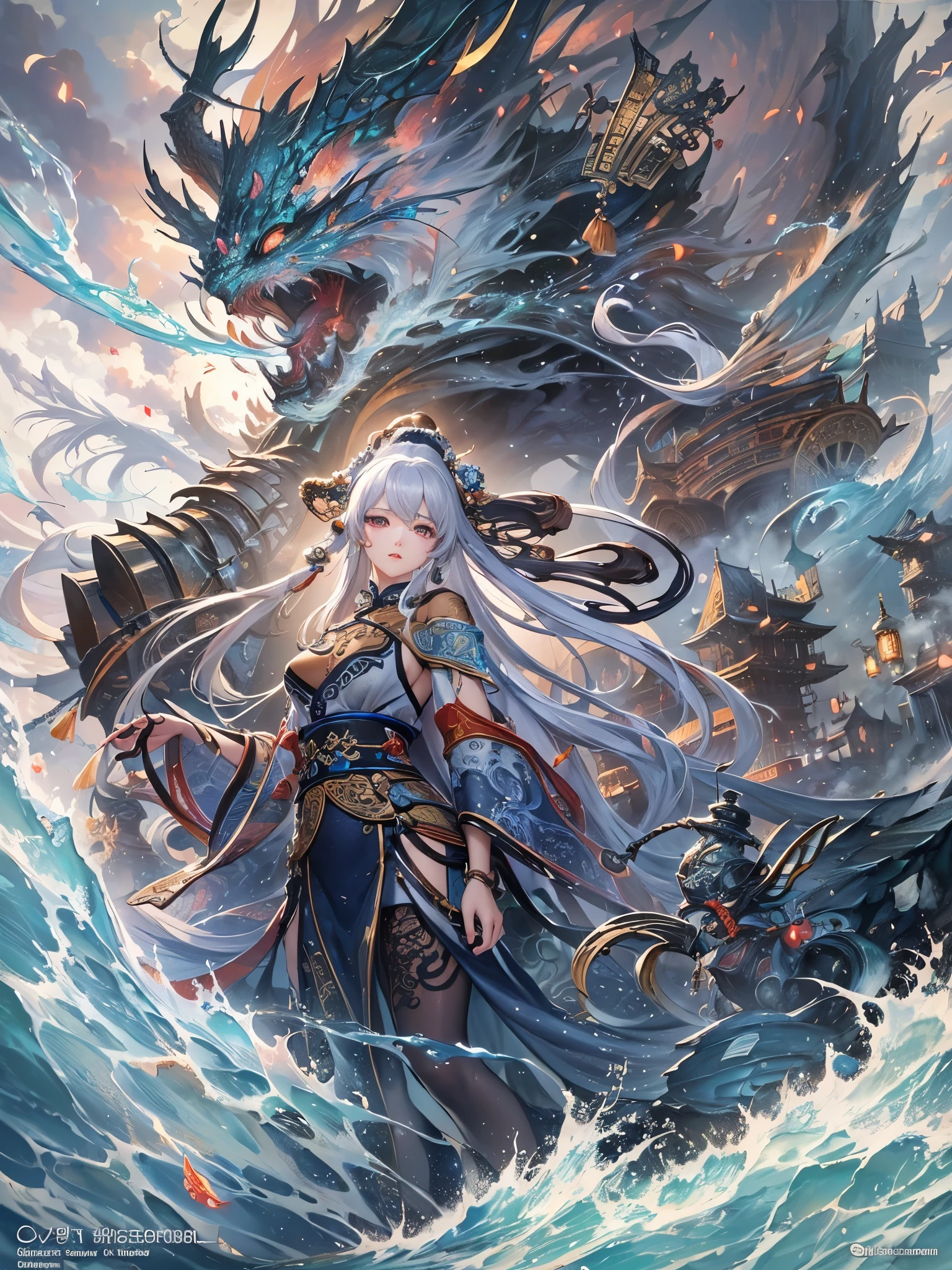 A woman in a blue dress standing in front of a dragon - SeaArt AI
