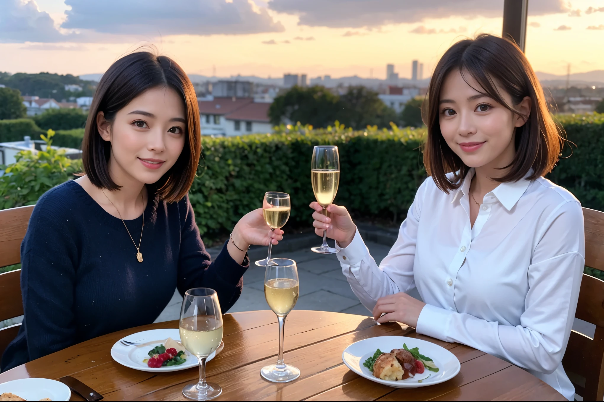 ((highest quality、8k、masterpiece:1.3))、A lover who resembles Satomi Ishihara、Beautiful couple、smile、full-course dinner、 (Slim face), (the body is スリム), (Brown Hair), (Short Hair), Wine glasses on the table、Amazing view of the sunset sky and clouds、 (Age 44), 39 years old, Wine bottle、Champagne、sparkling wine、Long sleeve shirt、dress、White wine, red wine,