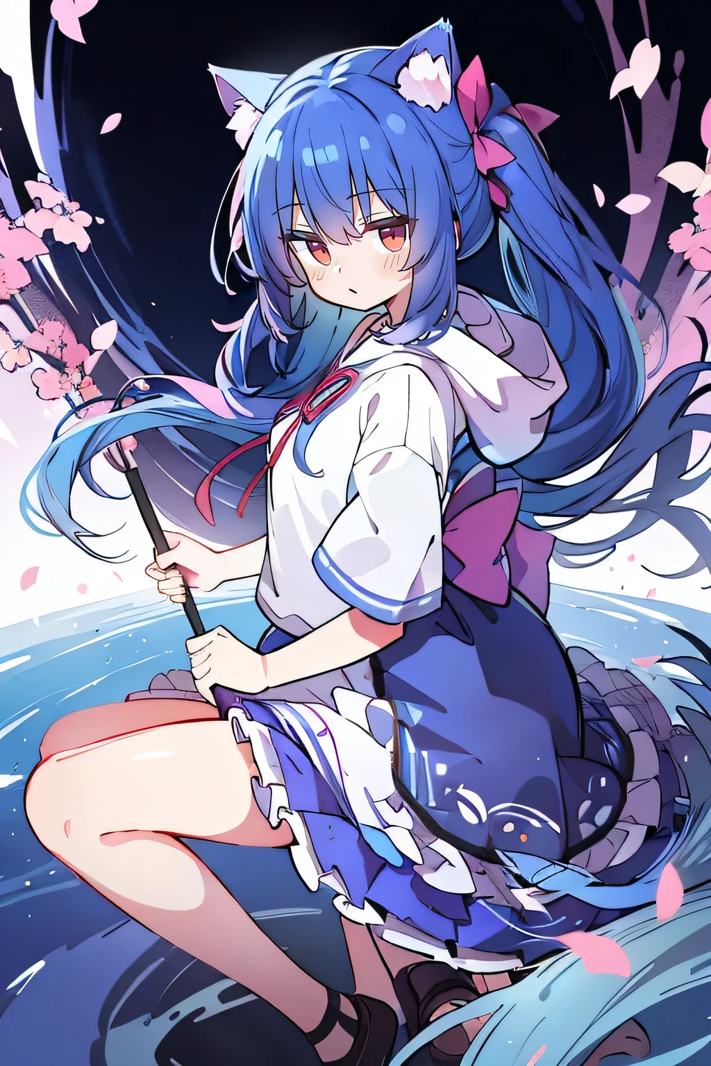 （masterpiece：1.2），Super detailed，lifelike，Expressive eyes，fair skin，perfect face shape，1 girl，
Japanese comics,Gorgeous blue hair,flowing blue hair,flowing clothes,Cat ears,Petals fall,beautiful lola,Baby Angel,
Shaking head with one hand，Cross your legs，Gentle and peaceful background，The pavilion is cool and comfortable,smile, wearing hoodie, background of tokyo,back views.